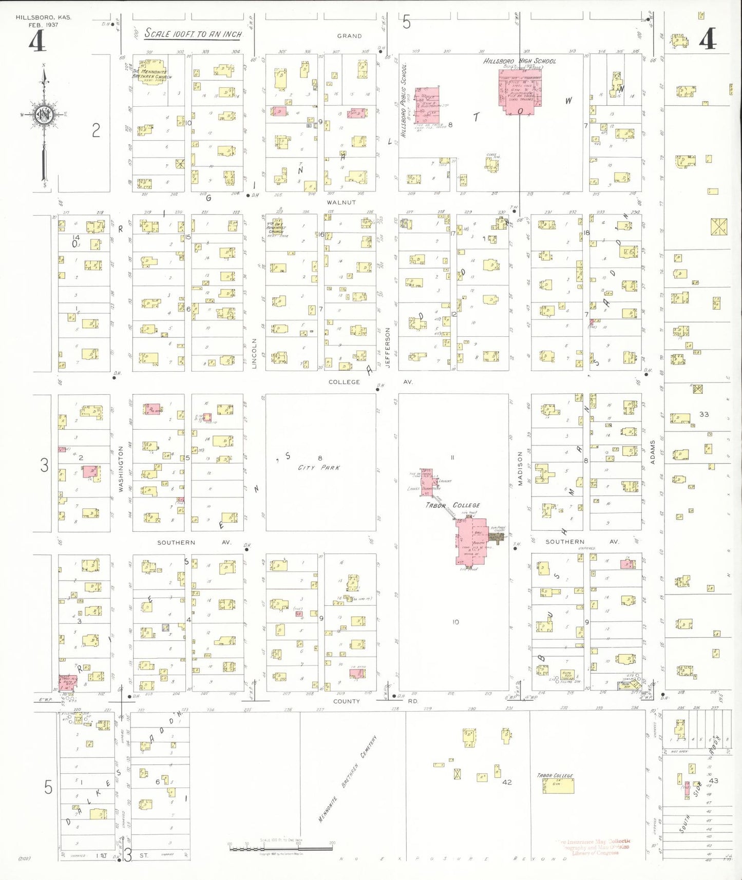 Sanborn Fire Insurance Map from Hillsboro, Marion County, Kansas (1937), Sheet #0004 - Historic Sanborn Fire Insurance Map Print, vintage old map wall art, antique decor, genealogy gift, Kansas Kansas map