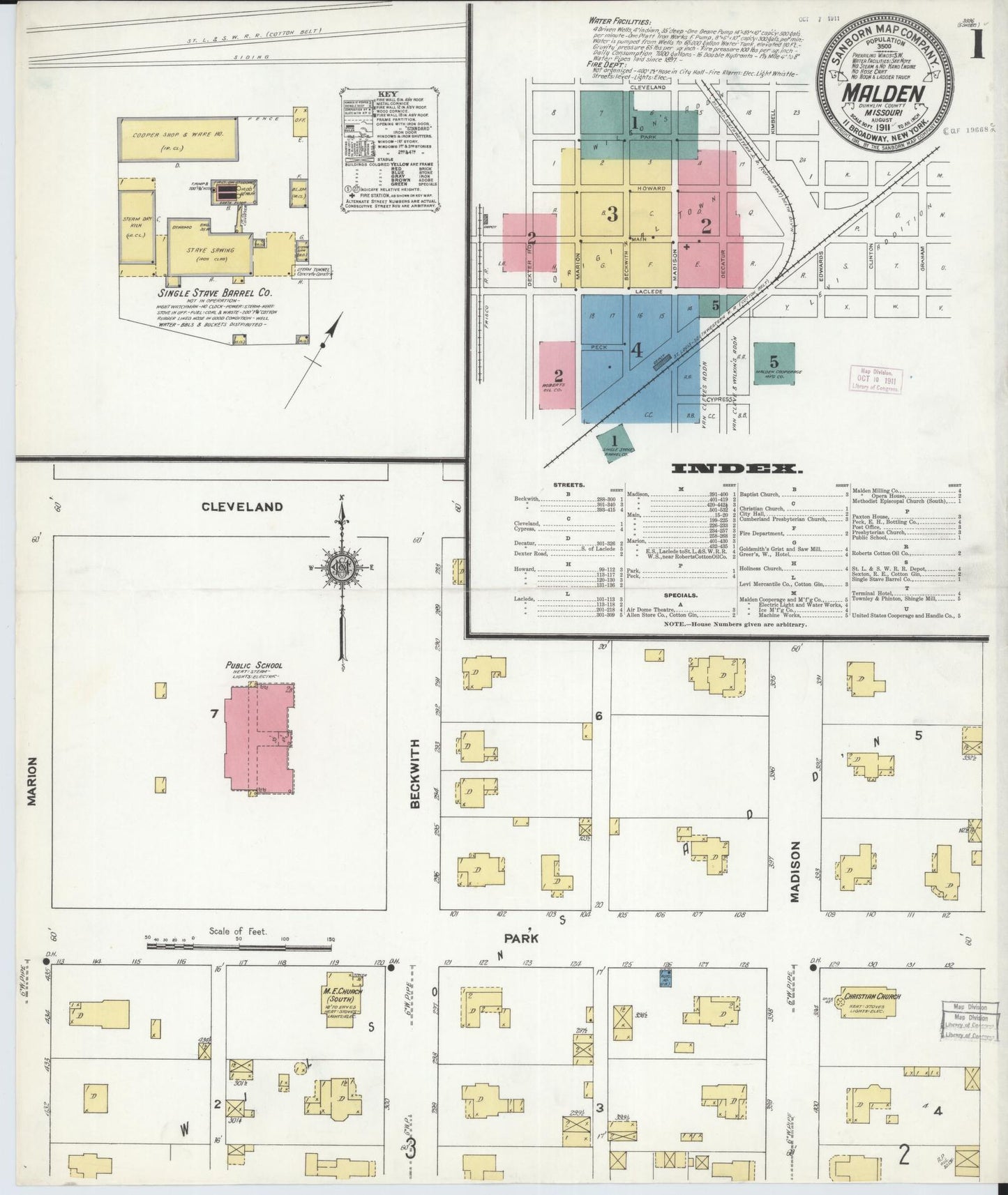 Sanborn Fire Insurance Map from Malden, Dunklin County, Missouri (1911), Sheet #0001 - Historic Sanborn Fire Insurance Map Print, vintage old map wall art, antique decor, genealogy gift, Missouri Missouri map