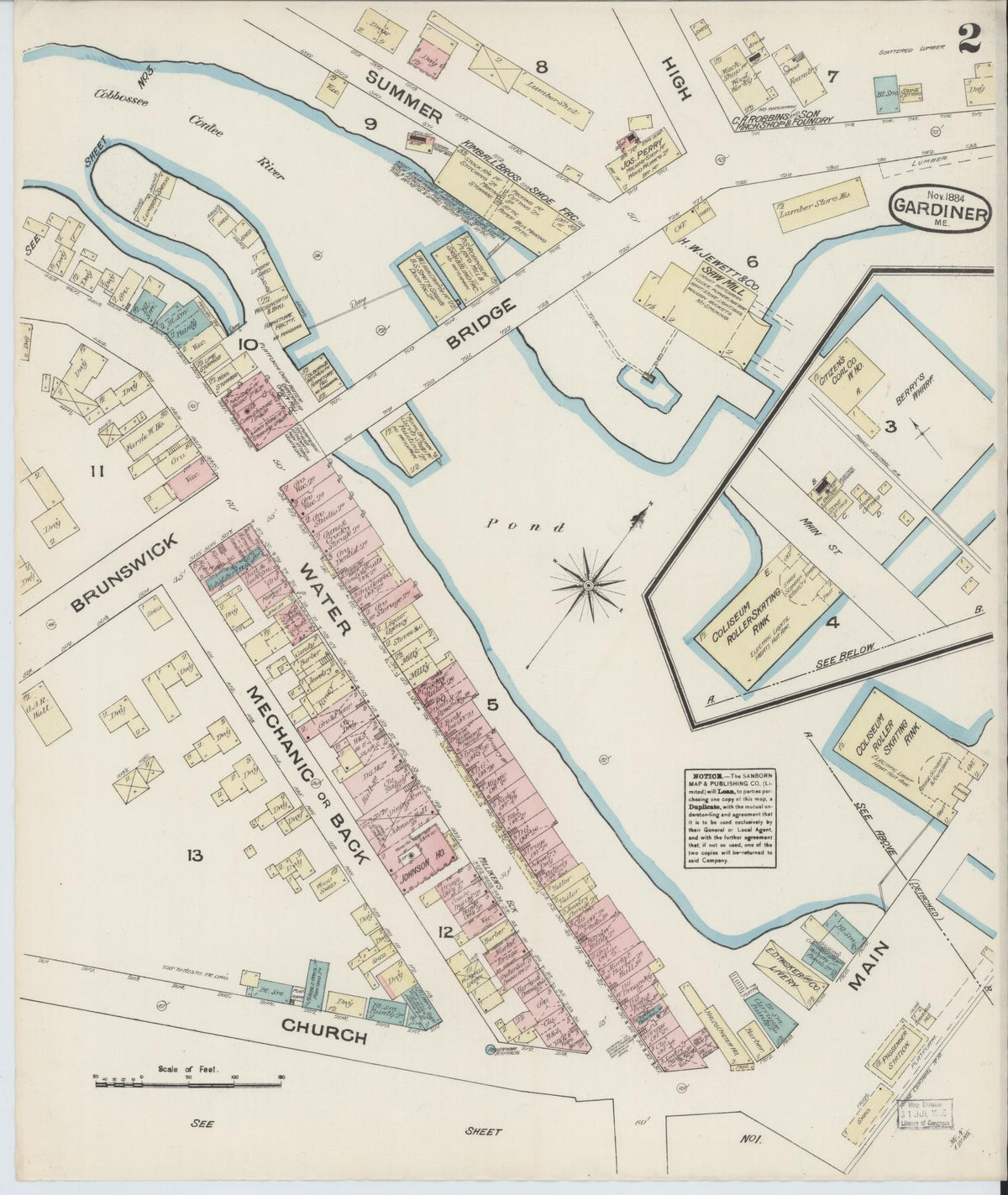 Sanborn Fire Insurance Map from Gardiner, Kennebec County, Maine (1884), Sheet #0002 - Historic Sanborn Fire Insurance Map Print, vintage old map wall art, antique decor, genealogy gift, Maine Maine map