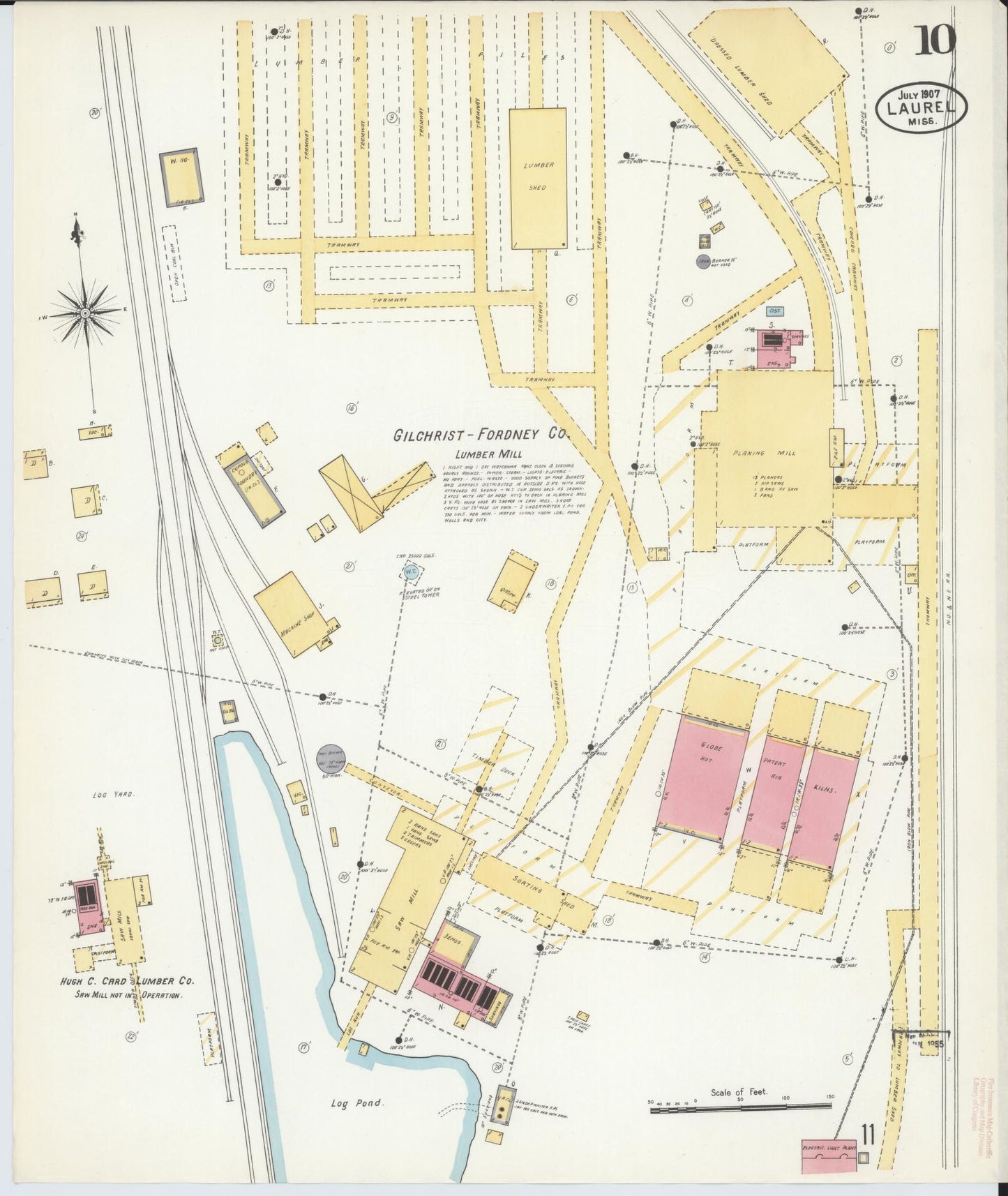 Sanborn Fire Insurance Map from Laurel, Jones County, Mississippi (1907), Sheet #0010 - Historic Sanborn Fire Insurance Map Print, vintage old map wall art, antique decor, genealogy gift, Mississippi Mississippi map