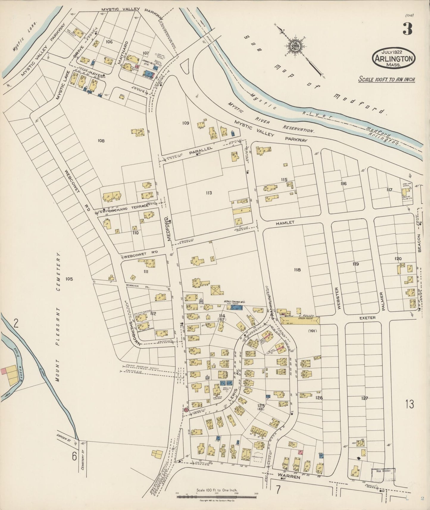 Sanborn Fire Insurance Map from Arlington, Middlesex County, Massachusetts (1922), Sheet #0003 - Historic Sanborn Fire Insurance Map Print, vintage old map wall art, antique decor, genealogy gift, Massachusetts Massachusetts map