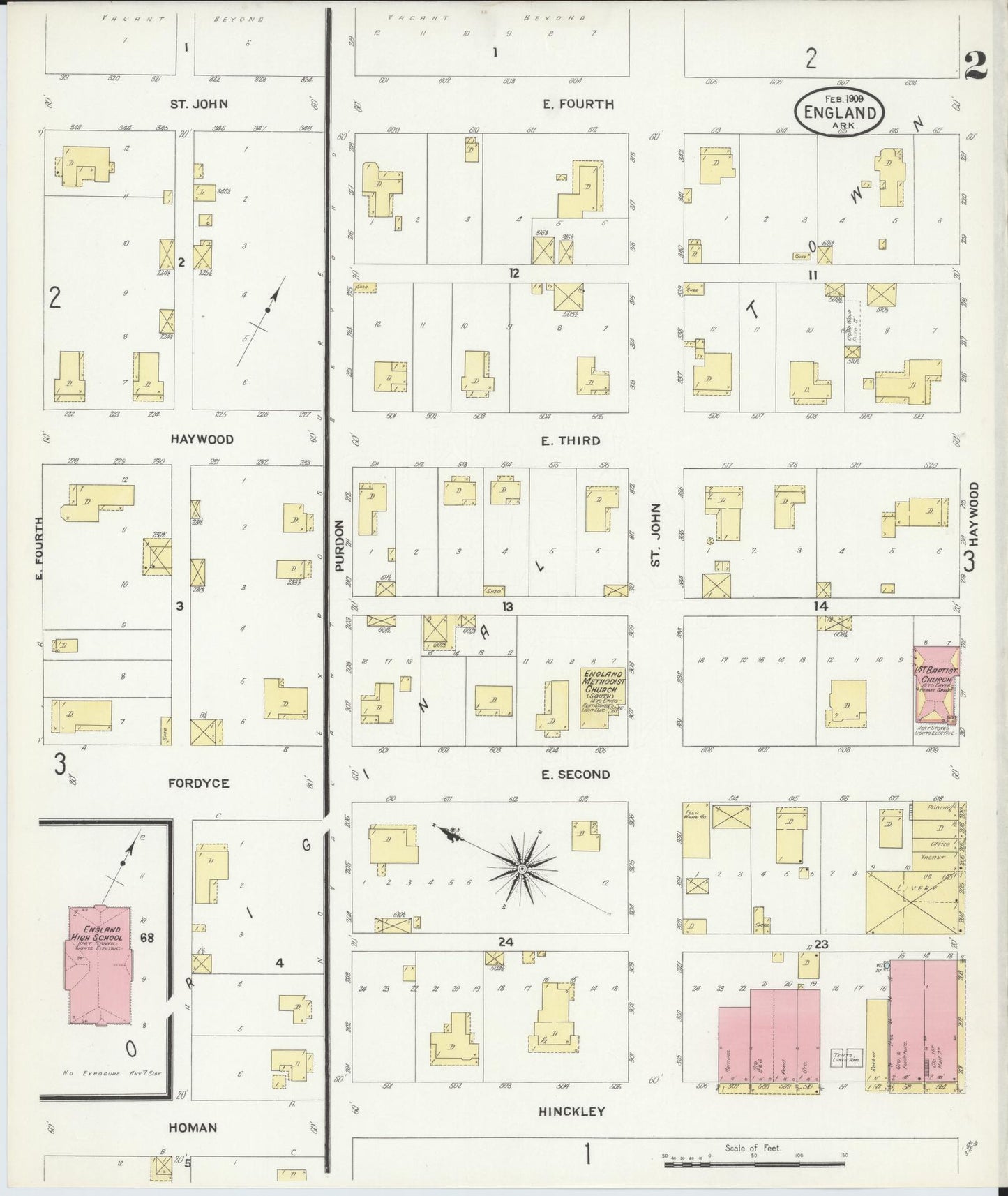 Sanborn Fire Insurance Map from England, Lonoke County, Arkansas (1909), Sheet #0002 - Historic Sanborn Fire Insurance Map Print, vintage old map wall art, antique decor, genealogy gift, Arkansas Arkansas map