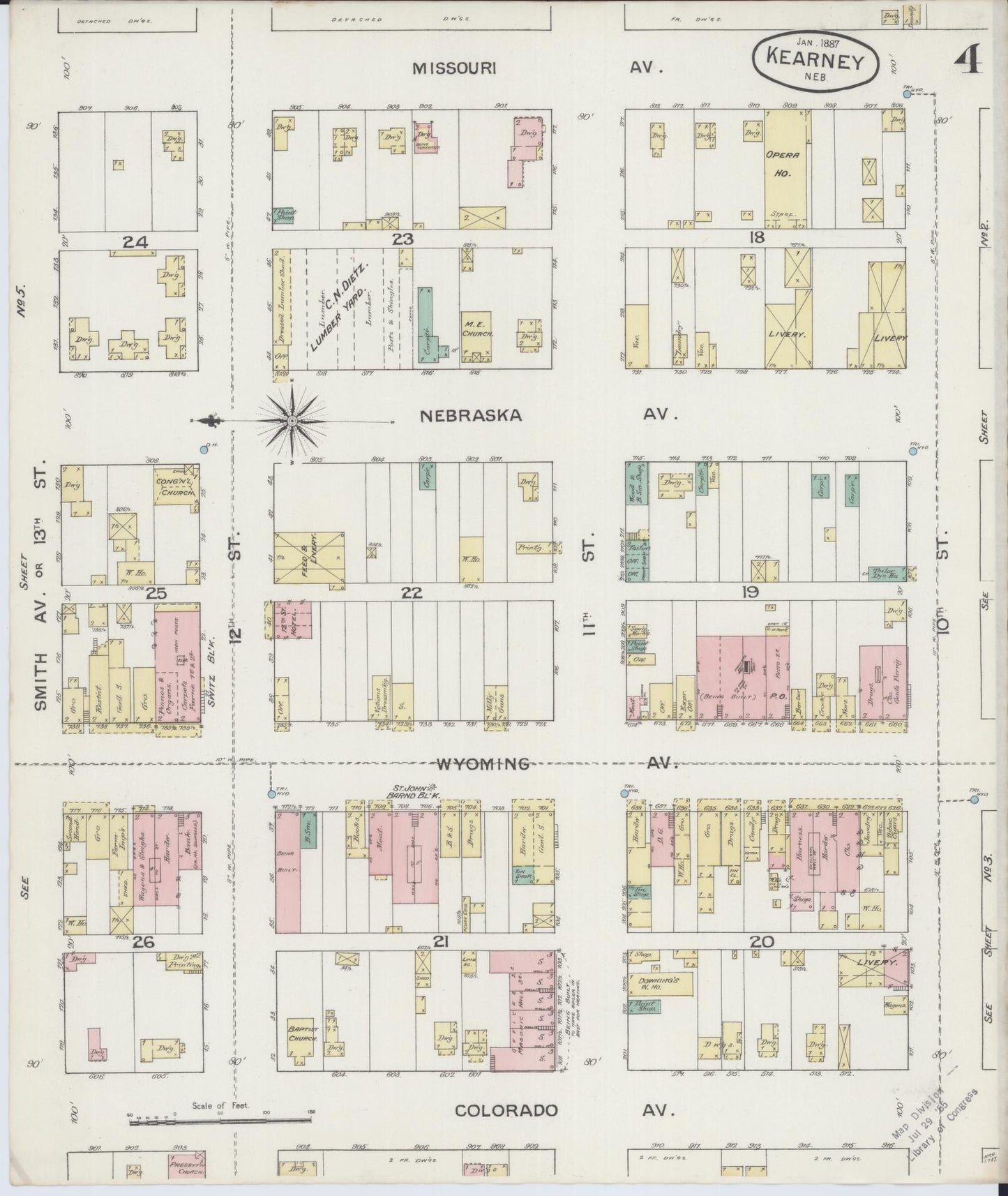 Sanborn Fire Insurance Map from Kearney, Buffalo County, Nebraska (1887), Sheet #0004 - Historic Sanborn Fire Insurance Map Print, vintage old map wall art, antique decor, genealogy gift, Nebraska Nebraska map