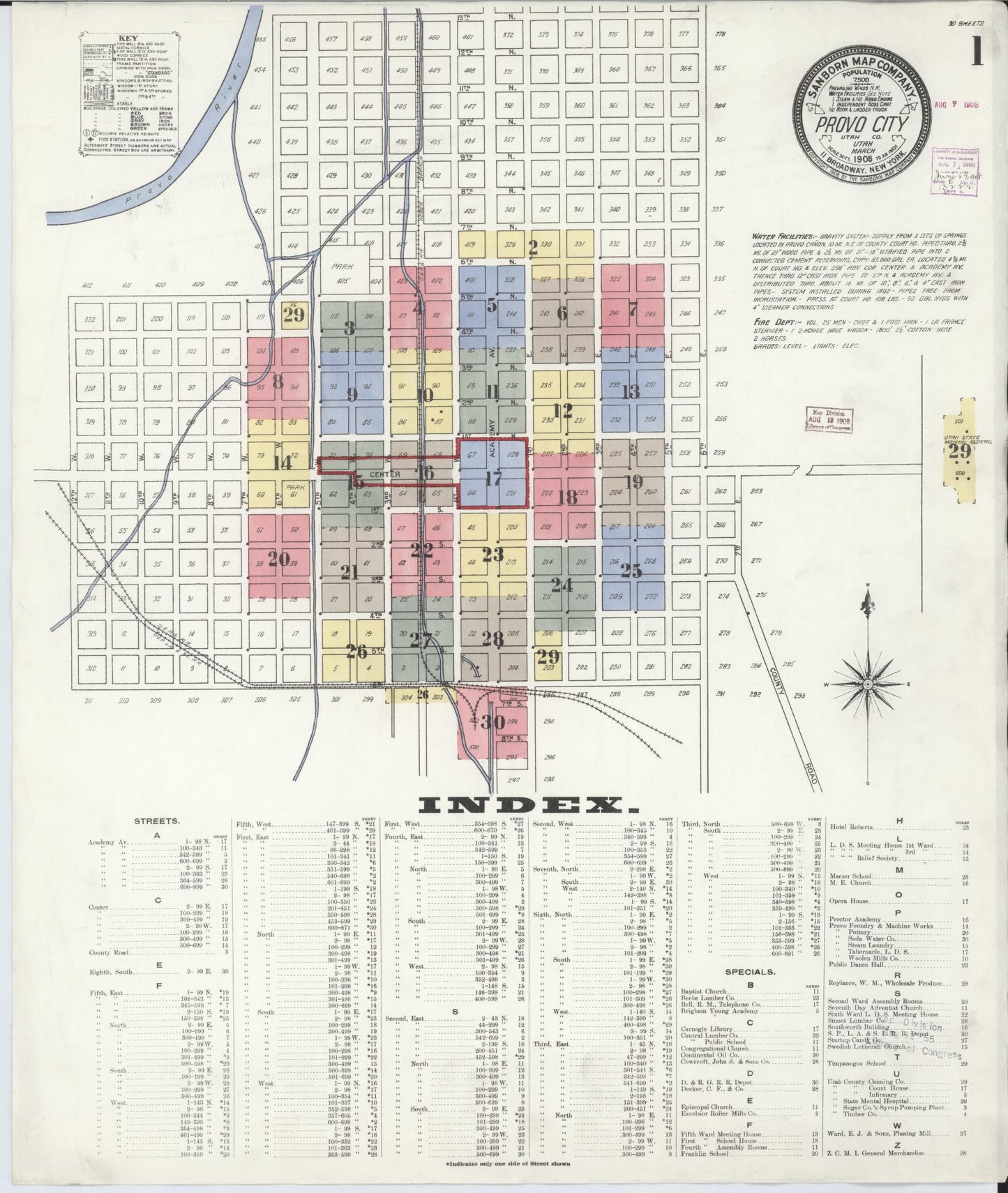 Sanborn Fire Insurance Map from Provo, Utah County, Utah (1908), Sheet #0001 - Historic Sanborn Fire Insurance Map Print, vintage old map wall art, antique decor, genealogy gift, Provo Utah map
