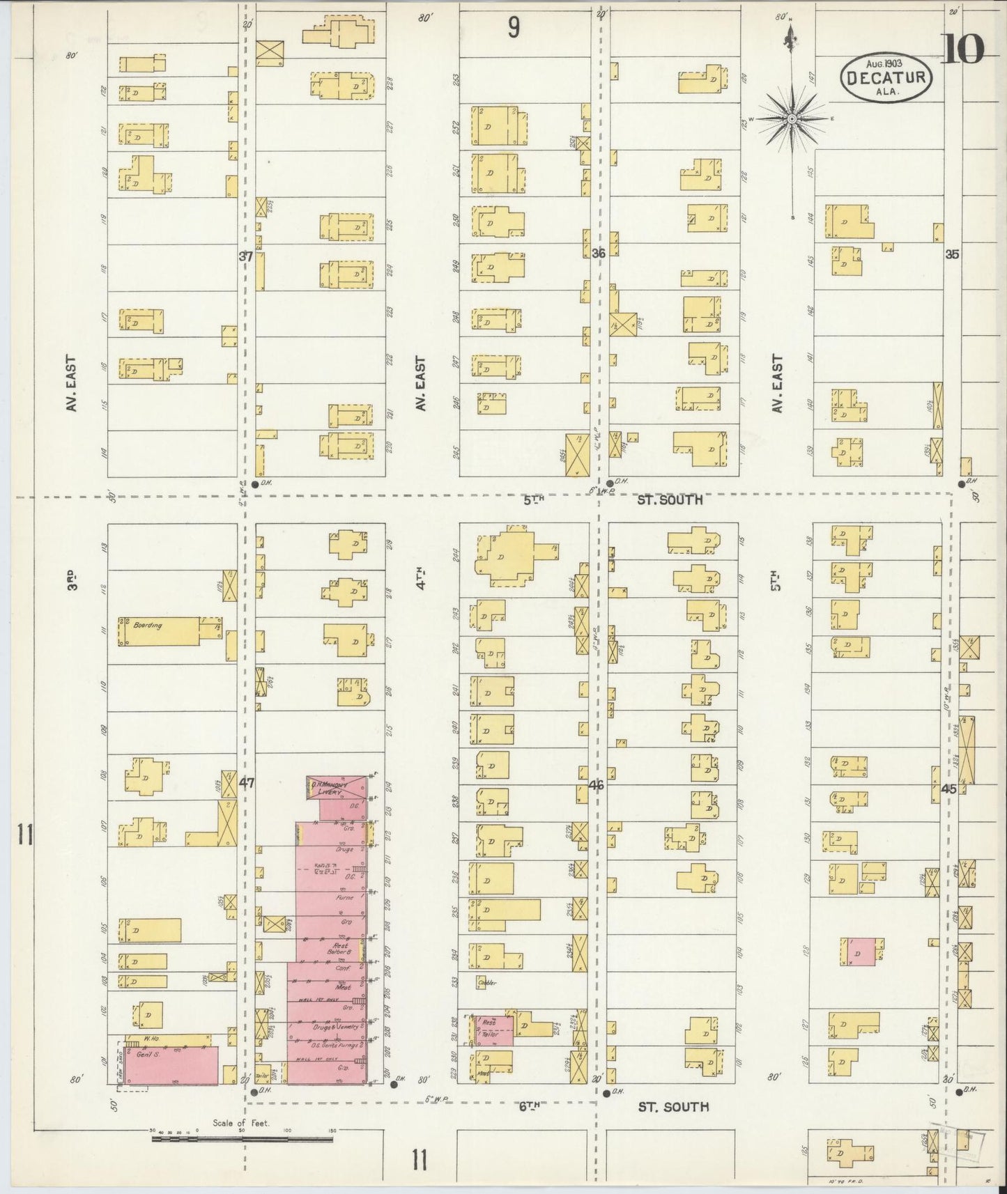 Sanborn Fire Insurance Map from Decatur, Morgan County, Alabama (1903), Sheet #0010 - Historic Sanborn Fire Insurance Map Print, vintage old map wall art, antique decor, genealogy gift, Alabama Alabama map