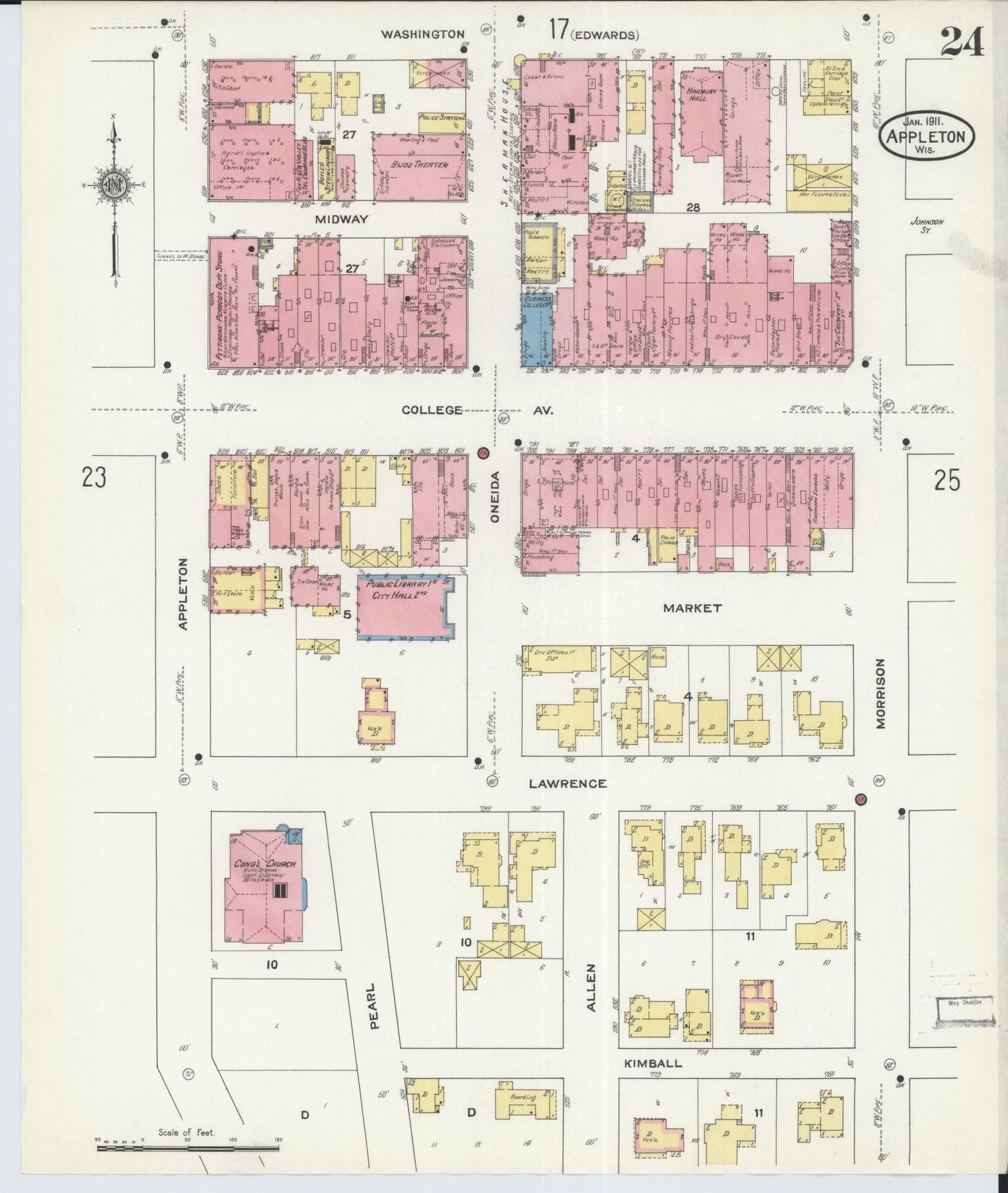 Sanborn Fire Insurance Map from Appleton, Outagamie County, Wisconsin (1911), Sheet #0024 - Historic Sanborn Fire Insurance Map Print, vintage old map wall art, antique decor, genealogy gift, Wisconsin Wisconsin map