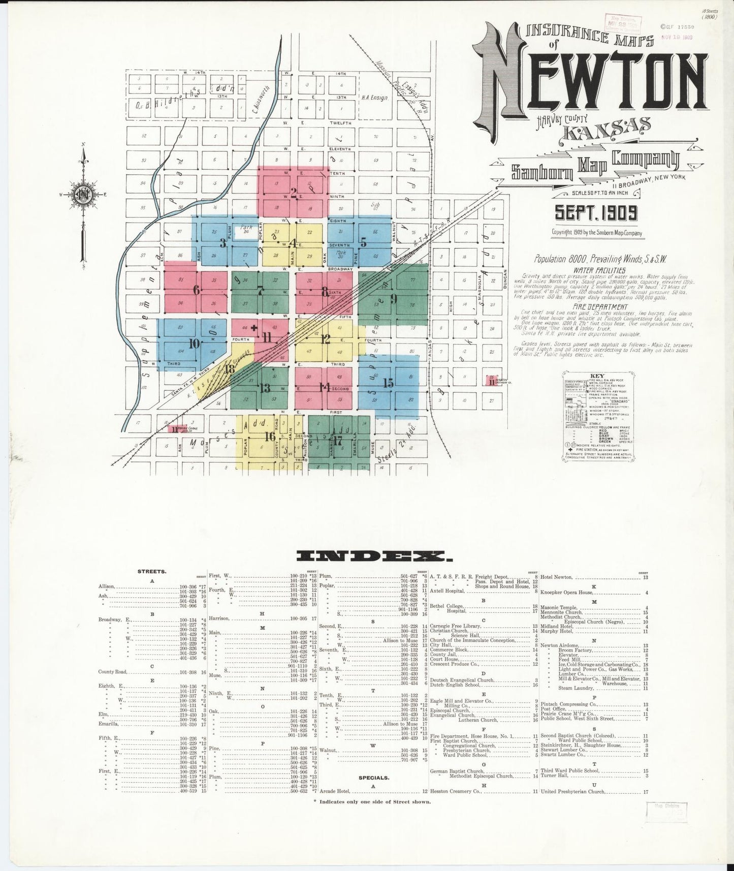 Sanborn Fire Insurance Map from Newton, Harvey County, Kansas (1909), Sheet #0001 - Historic Sanborn Fire Insurance Map Print, vintage old map wall art, antique decor, genealogy gift, Kansas Kansas map