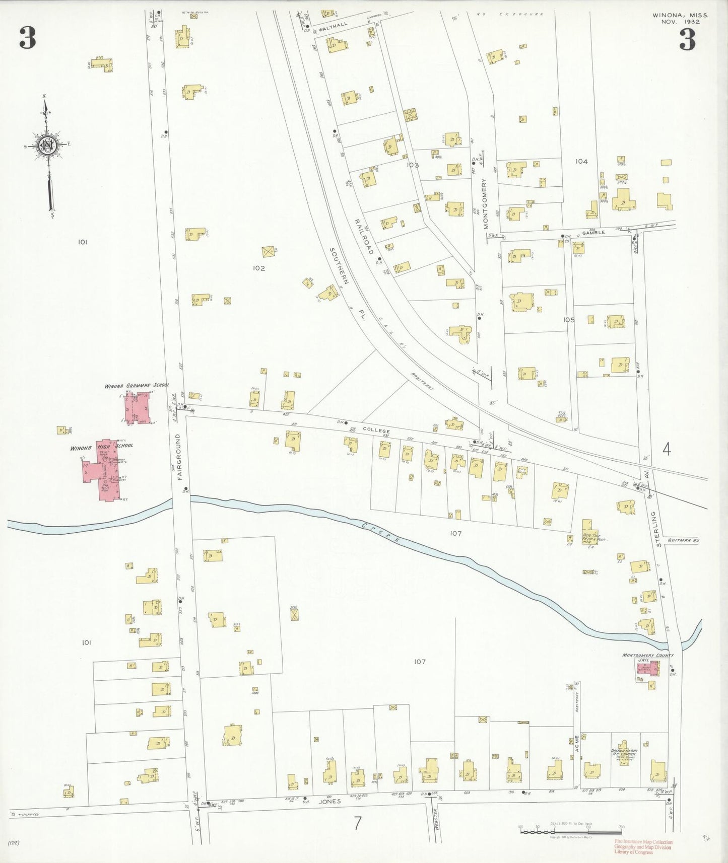Sanborn Fire Insurance Map from Winona, Montgomery County, Mississippi (1932), Sheet #0003 - Historic Sanborn Fire Insurance Map Print, vintage old map wall art, antique decor, genealogy gift, Mississippi Mississippi map