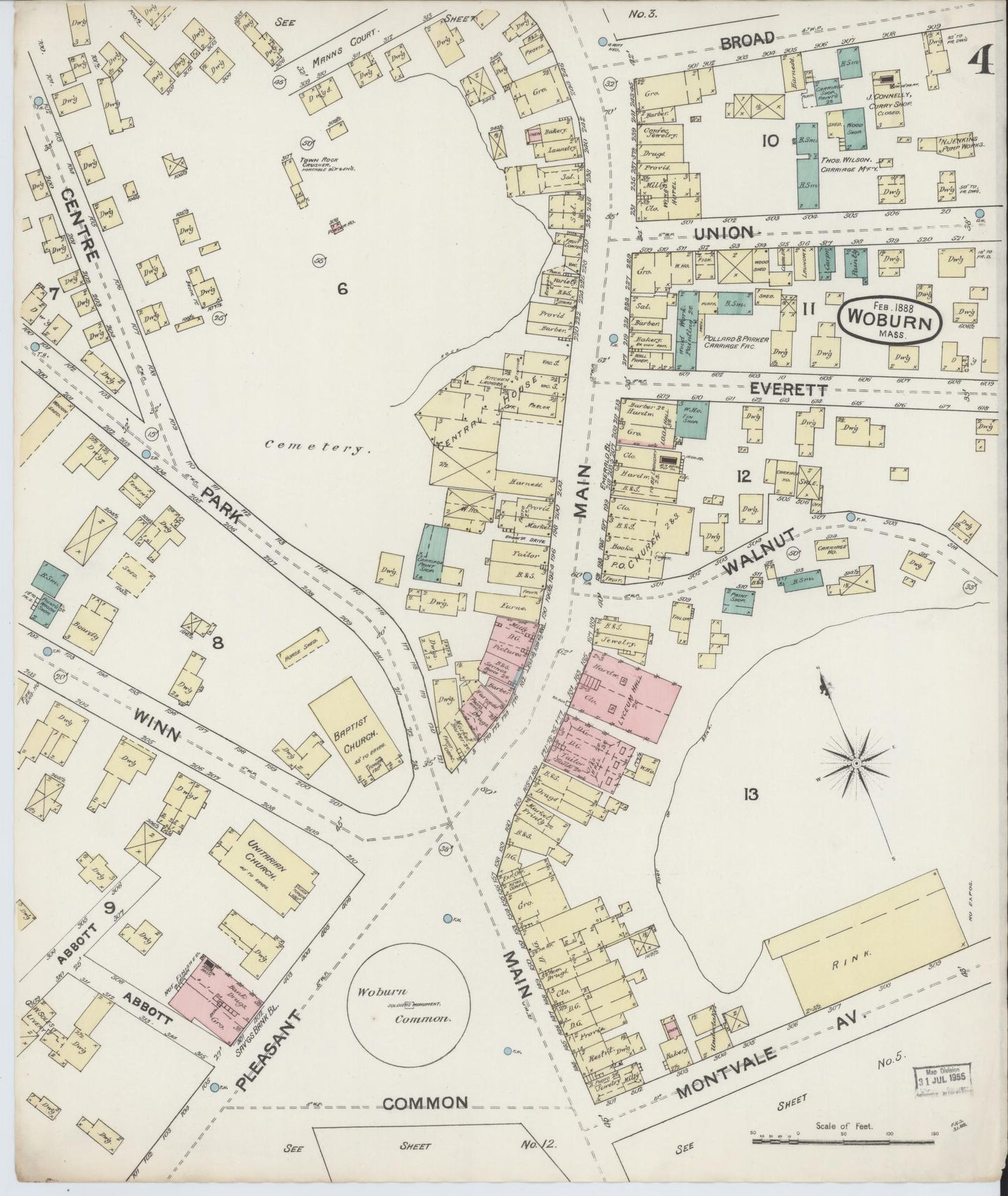 Sanborn Fire Insurance Map from Woburn, Middlesex County, Massachusetts (1888), Sheet #0004 - Historic Sanborn Fire Insurance Map Print, vintage old map wall art, antique decor, genealogy gift, Massachusetts Massachusetts map