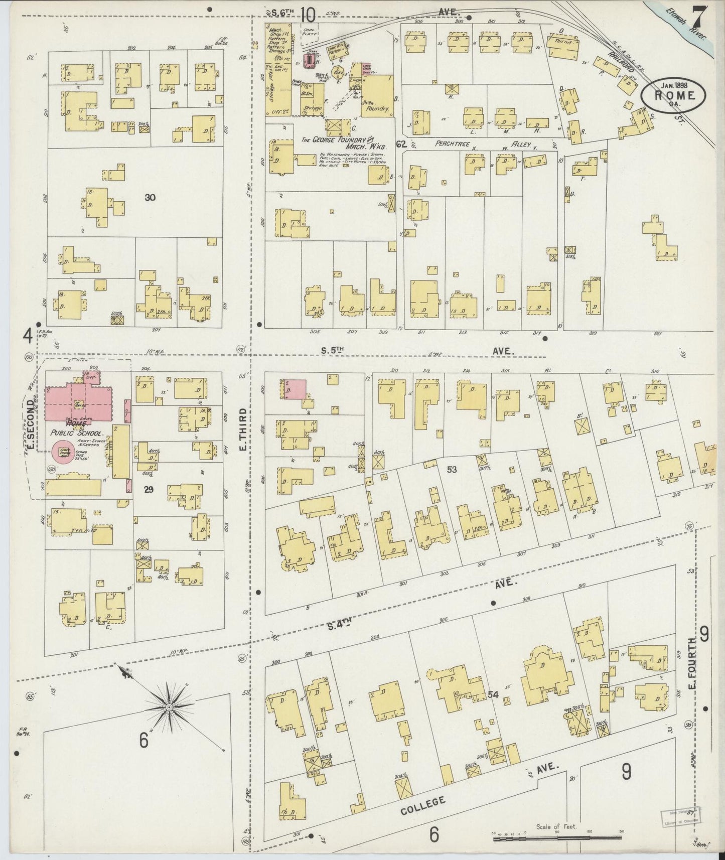 Sanborn Fire Insurance Map from Rome, Floyd County, Georgia (1898), Sheet #0007 - Historic Sanborn Fire Insurance Map Print, vintage old map wall art, antique decor, genealogy gift, Georgia Georgia map