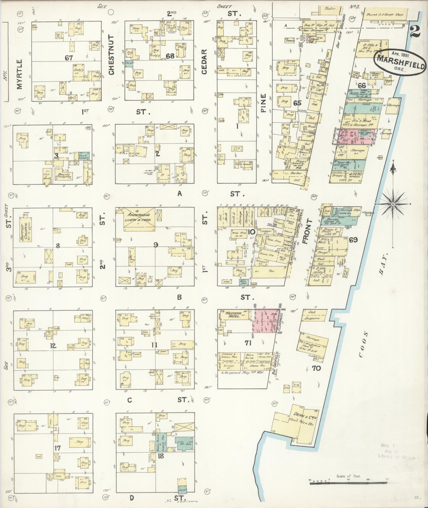 Sanborn Fire Insurance Map from Marshfield, Coos County, Oregon (1891), Sheet #0002 - Historic Sanborn Fire Insurance Map Print, vintage old map wall art, antique decor, genealogy gift, Oregon Oregon map