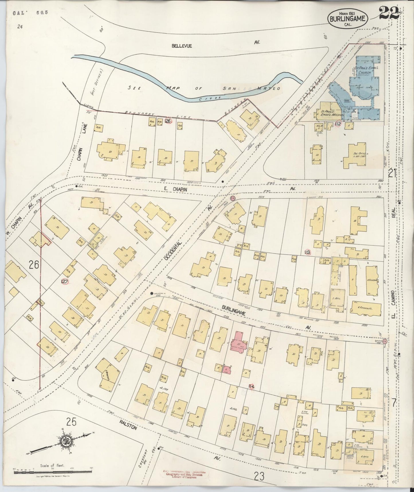 Sanborn Fire Insurance Map from Burlingame, San Mateo County, California (1949), Sheet #0022 - Historic Sanborn Fire Insurance Map Print, vintage old map wall art, antique decor, genealogy gift, California California map