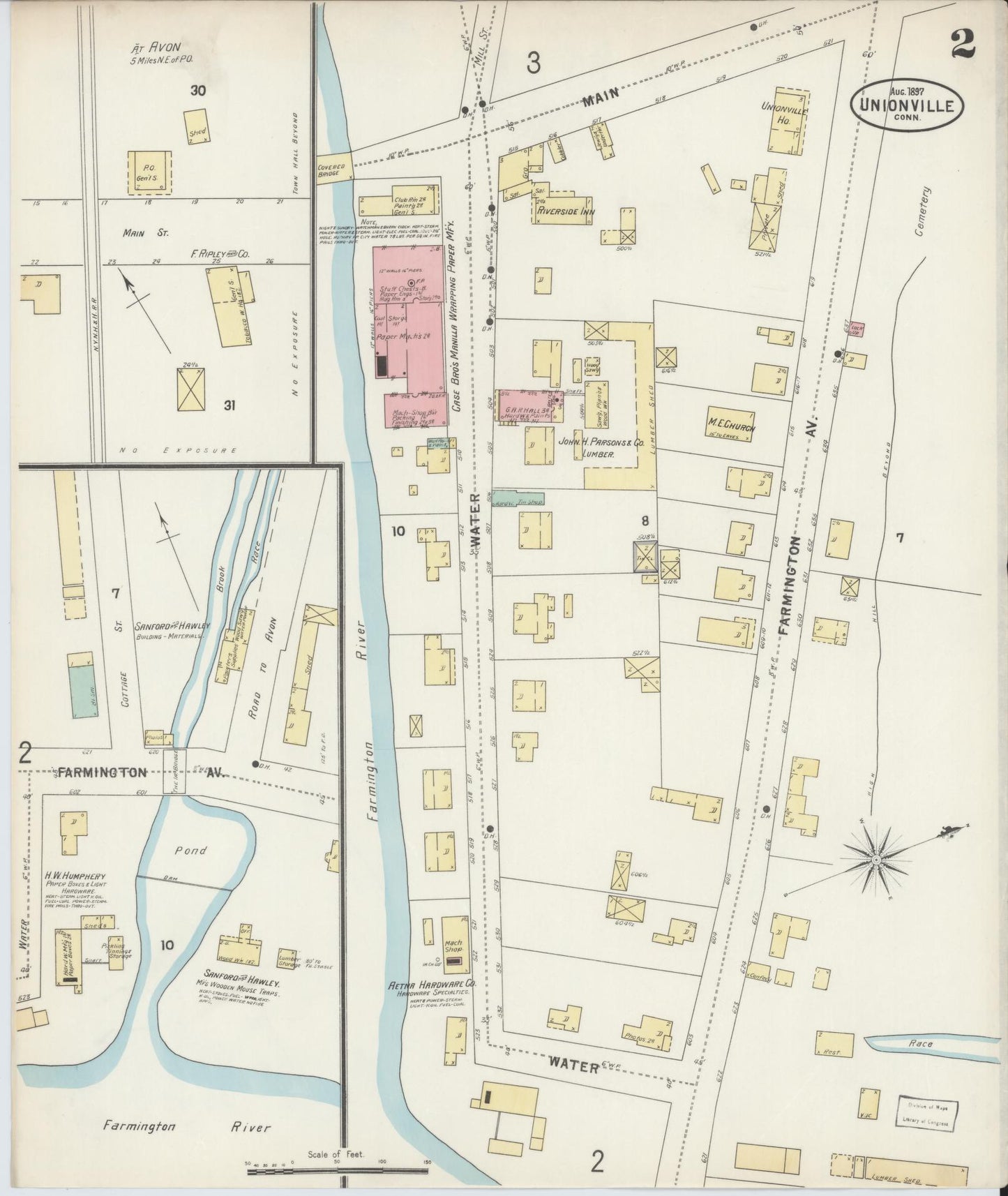 Sanborn Fire Insurance Map from Unionville, Hartford County, Connecticut (1897), Sheet #0002 - Historic Sanborn Fire Insurance Map Print, vintage old map wall art, antique decor, genealogy gift, Connecticut Connecticut map