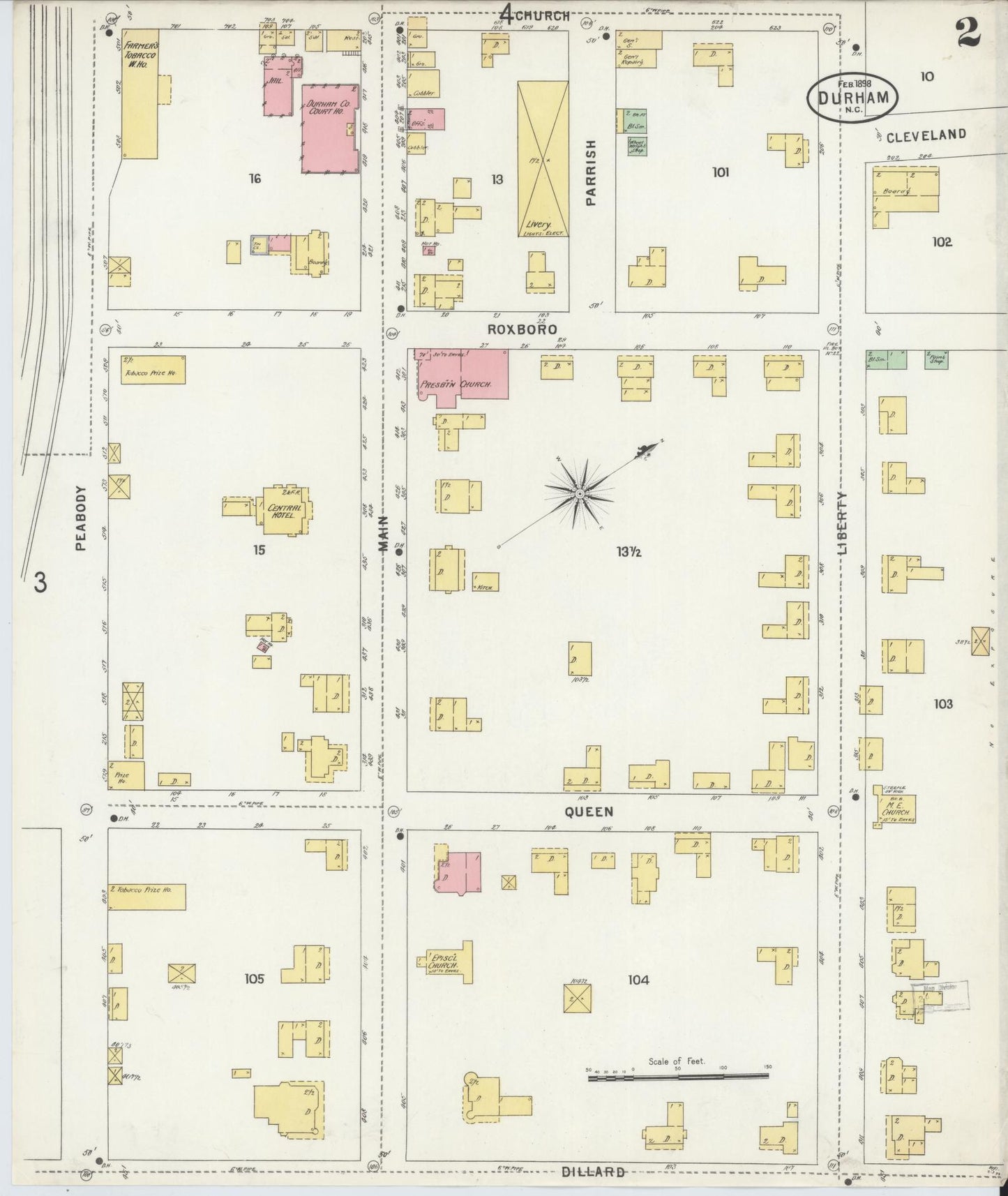 Sanborn Fire Insurance Map from Durham, Durham County, North Carolina (1898), Sheet #0002 - Historic Sanborn Fire Insurance Map Print, vintage old map wall art, antique decor, genealogy gift, North Carolina North Carolina map
