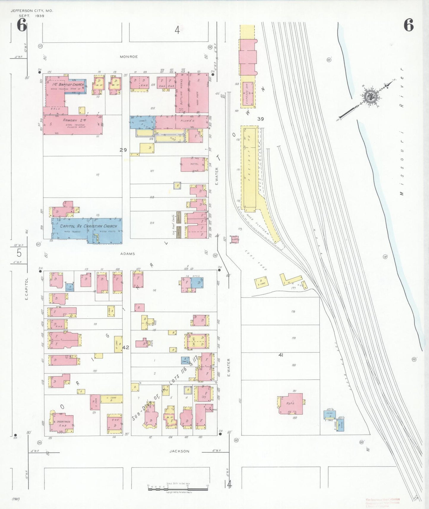 Sanborn Fire Insurance Map from Jefferson City, Cole County, Missouri (1939), Sheet #0006 - Historic Sanborn Fire Insurance Map Print, vintage old map wall art, antique decor, genealogy gift, Missouri Missouri map