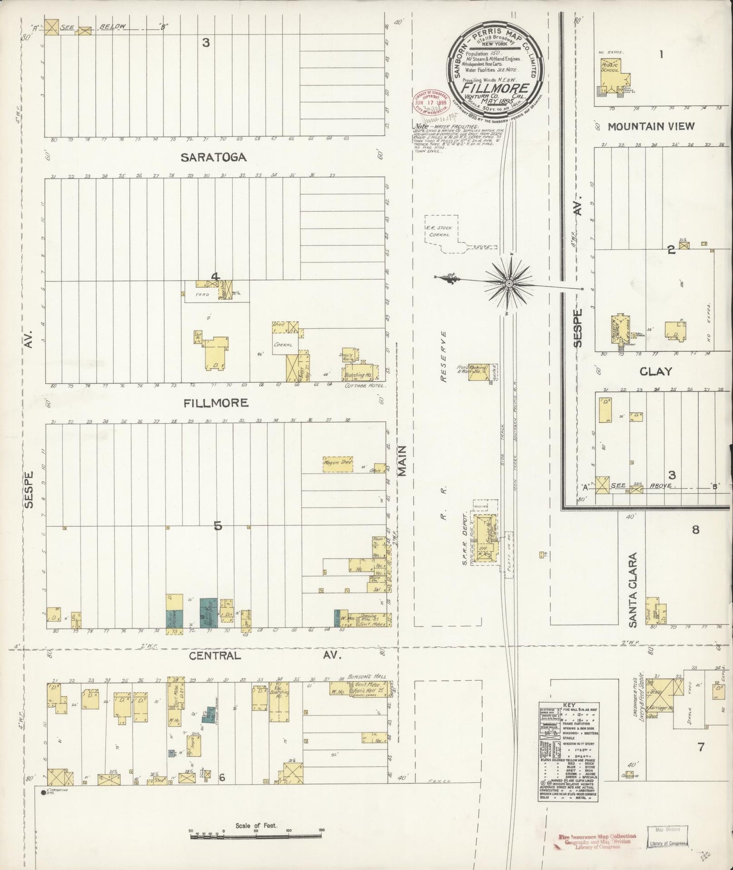 Sanborn Fire Insurance Map from Fillmore, Ventura County, California (1895), Sheet #0001 - Historic Sanborn Fire Insurance Map Print, vintage old map wall art, antique decor, genealogy gift, California California map