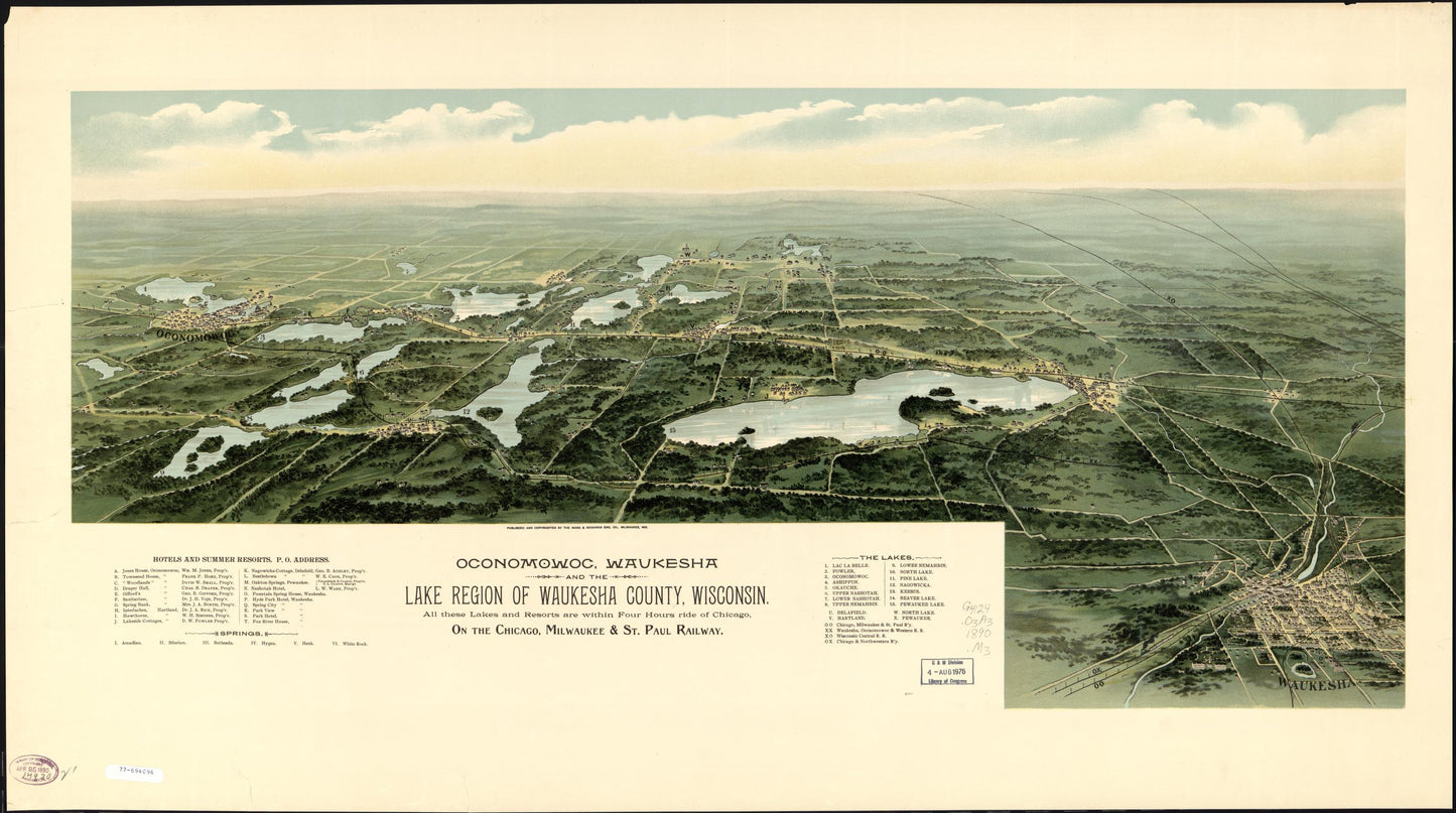 Oconomowoc, Waukesha and the lake region of Waukesha County, Wisconsin, all these lakes and resorts are within four hours ride of Chicago, on the Chicago, Milwaukee & St. Paul Railway. (1890) – Historic Bird’s-Eye View Panorama Print