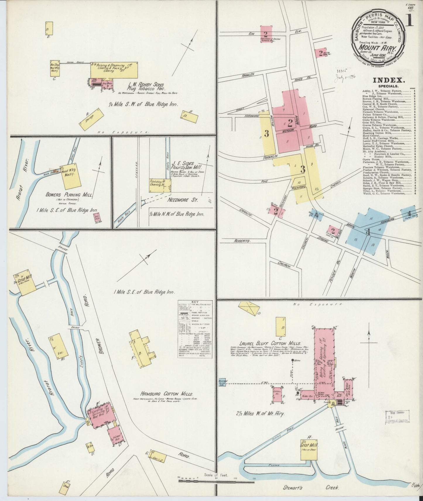 Sanborn Fire Insurance Map from Mount Airy, Surry County, North Carolina (1896), Sheet #0001 - Historic Sanborn Fire Insurance Map Print, vintage old map wall art, antique decor, genealogy gift, North Carolina North Carolina map