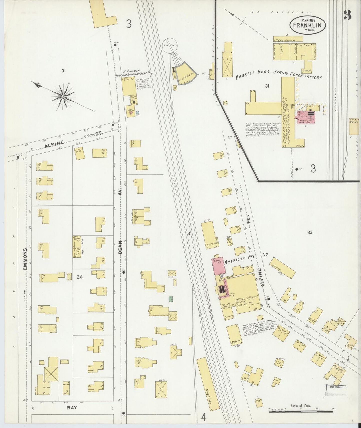 Sanborn Fire Insurance Map from Franklin, Norfolk County, Massachusetts (1899), Sheet #0003 - Historic Sanborn Fire Insurance Map Print, vintage old map wall art, antique decor, genealogy gift, Massachusetts Massachusetts map