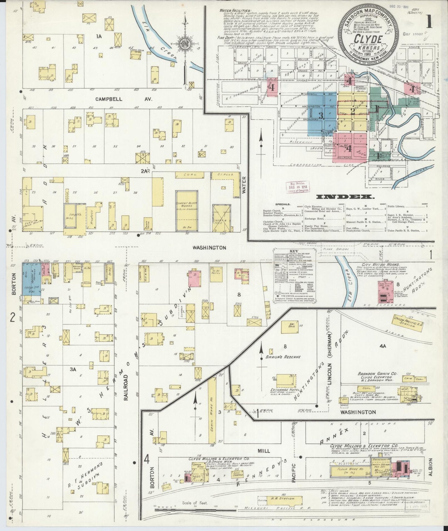 Sanborn Fire Insurance Map from Clyde, Cloud County, Kansas (1911), Sheet #0001 - Historic Sanborn Fire Insurance Map Print, vintage old map wall art, antique decor, genealogy gift, Kansas Kansas map