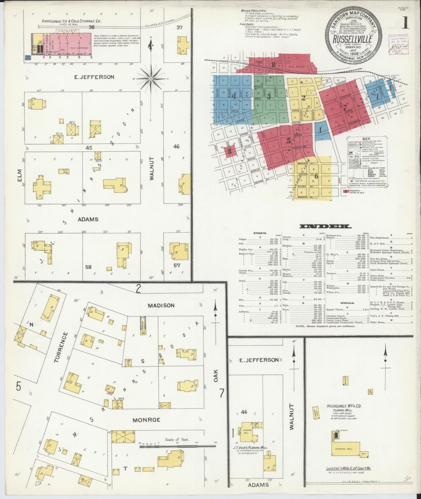 Sanborn Fire Insurance Map from Russellville, Pope County, Arkansas (1908), Sheet #0001 - Historic Sanborn Fire Insurance Map Print, vintage old map wall art, antique decor, genealogy gift, Arkansas Arkansas map