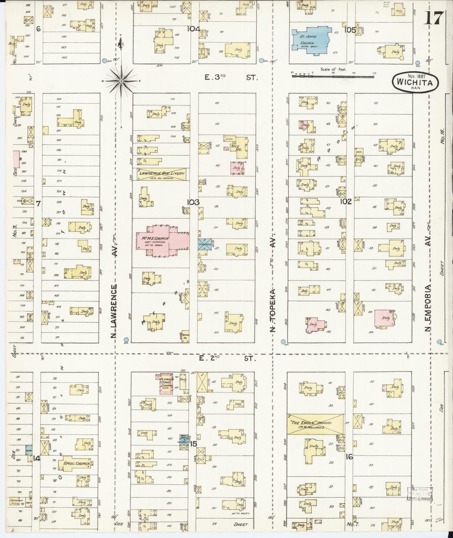 Sanborn Fire Insurance Map from Wichita, Sedgwick County, Kansas (1887), Sheet #0017 - Historic Sanborn Fire Insurance Map Print, vintage old map wall art, antique decor, genealogy gift, Kansas Kansas map