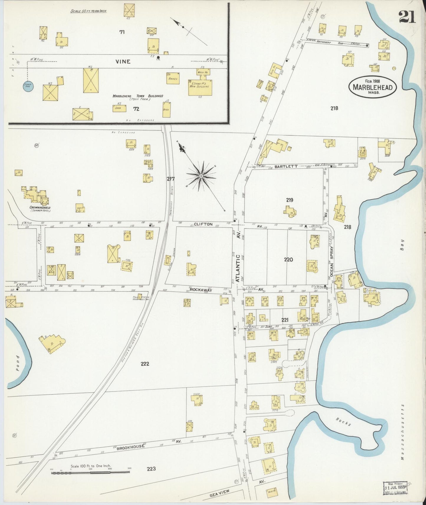 Sanborn Fire Insurance Map from Marblehead, Essex County, Massachusetts (1908), Sheet #0021 - Historic Sanborn Fire Insurance Map Print, vintage old map wall art, antique decor, genealogy gift, Massachusetts Massachusetts map