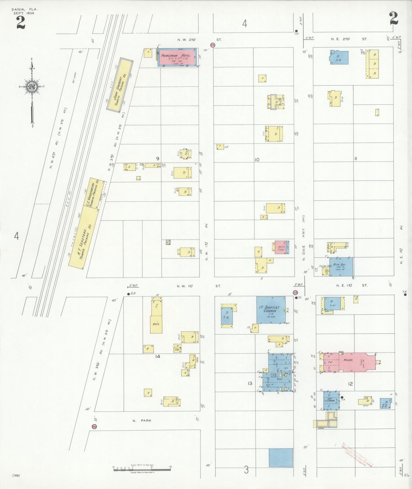 Sanborn Fire Insurance Map from Dania, Broward County, Florida (1934), Sheet #0002 - Historic Sanborn Fire Insurance Map Print, vintage old map wall art, antique decor, genealogy gift, Florida Florida map