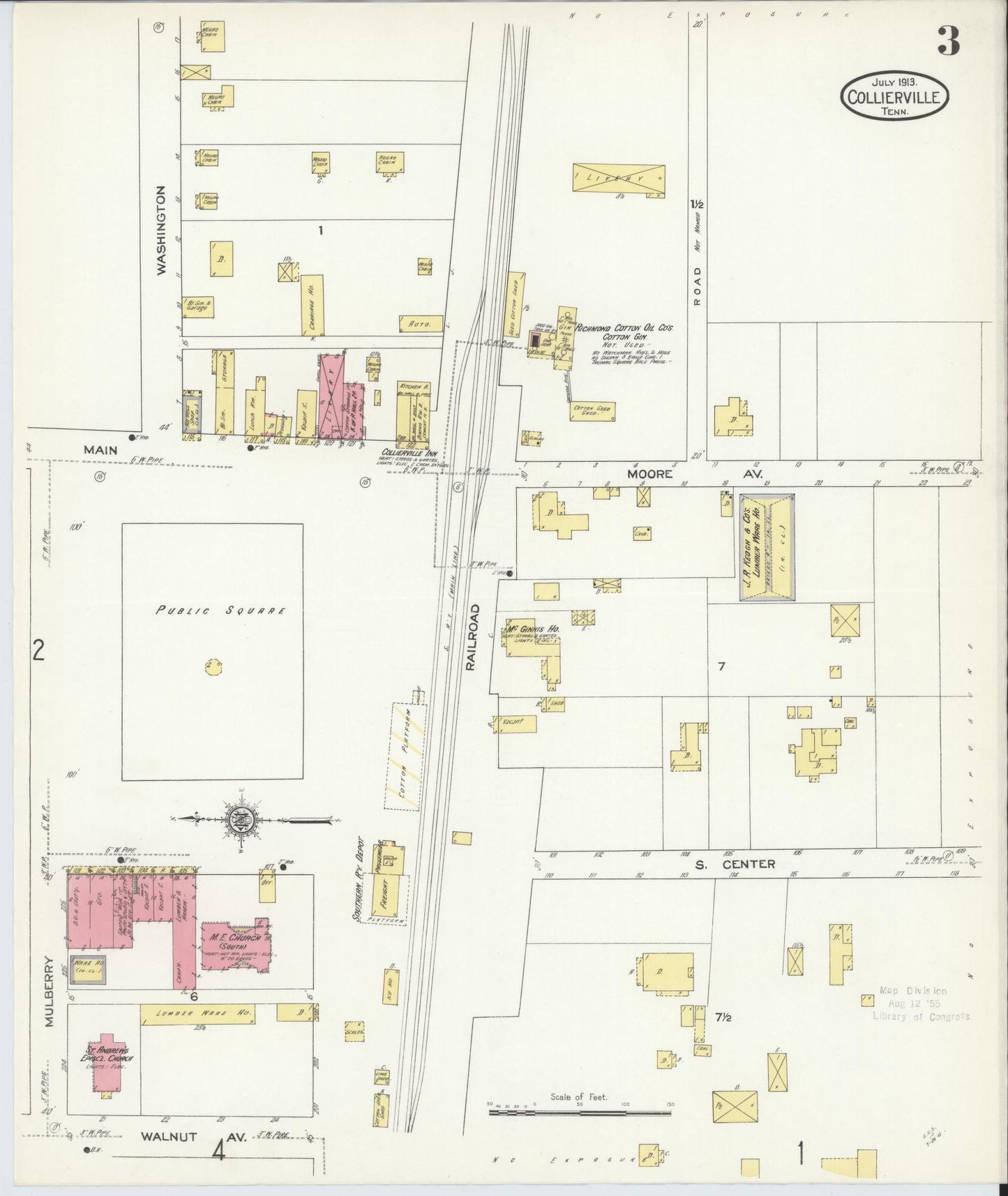 Sanborn Fire Insurance Map from Collierville, Shelby County, Tennessee (1913), Sheet #0003 - Historic Sanborn Fire Insurance Map Print, vintage old map wall art, antique decor, genealogy gift, Tennessee Tennessee map