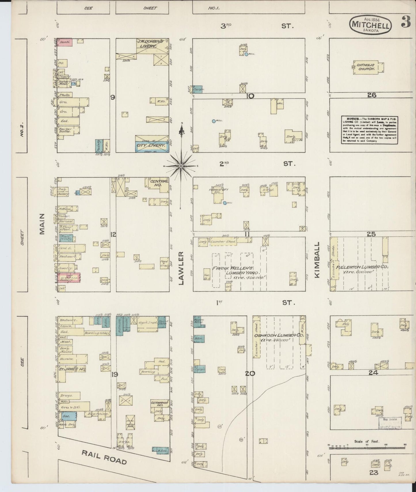 Sanborn Fire Insurance Map from Mitchell, Davison County, South Dakota (1884), Sheet #0003 - Historic Sanborn Fire Insurance Map Print, vintage old map wall art, antique decor, genealogy gift, South Dakota South Dakota map