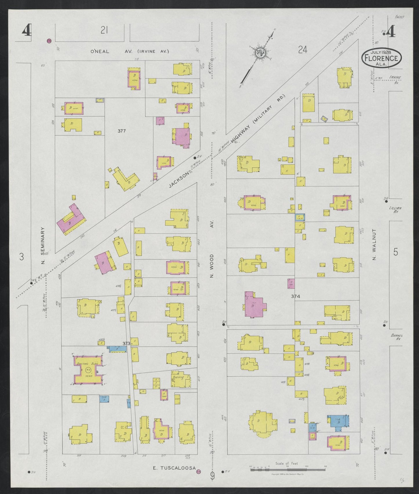 Sanborn Fire Insurance Map from Florence, Lauderdale County, Alabama (1928), Sheet #0004 - Historic Sanborn Fire Insurance Map Print, vintage old map wall art, antique decor, genealogy gift, Alabama Alabama map
