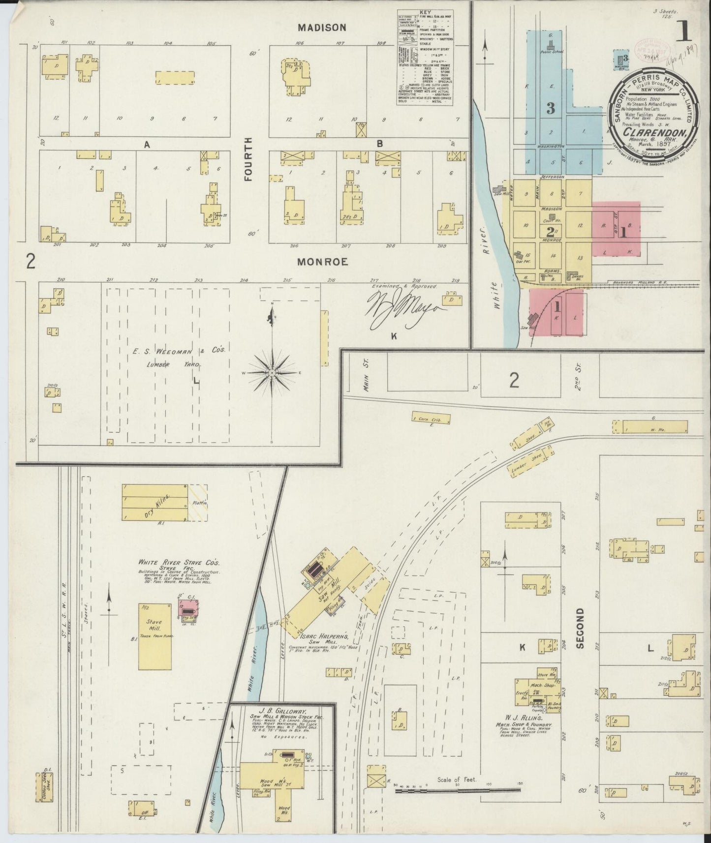 Sanborn Fire Insurance Map from Clarendon, Monroe County, Arkansas (1897), Sheet #0001 - Historic Sanborn Fire Insurance Map Print, vintage old map wall art, antique decor, genealogy gift, Arkansas Arkansas map