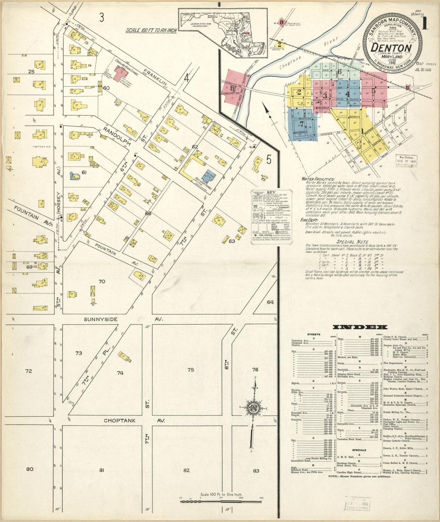 Sanborn Fire Insurance Map from Denton, Caroline County, Maryland (1915), Sheet #0001 - Historic Sanborn Fire Insurance Map Print, vintage old map wall art, antique decor, genealogy gift, Maryland Maryland map