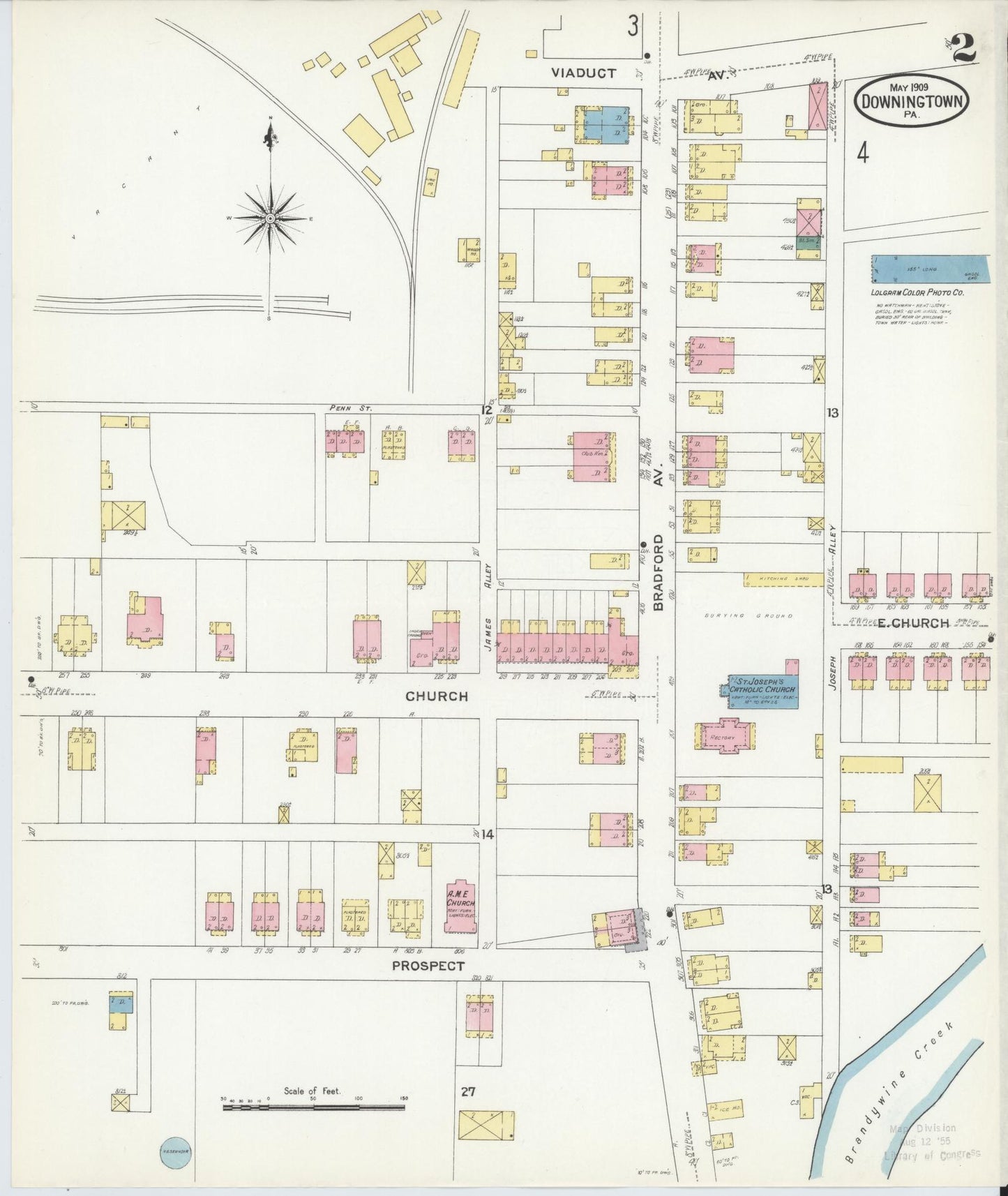 Sanborn Fire Insurance Map from Downingtown, Chester County, Pennsylvania (1909), Sheet #0002 - Historic Sanborn Fire Insurance Map Print, vintage old map wall art, antique decor, genealogy gift, Pennsylvania Pennsylvania map