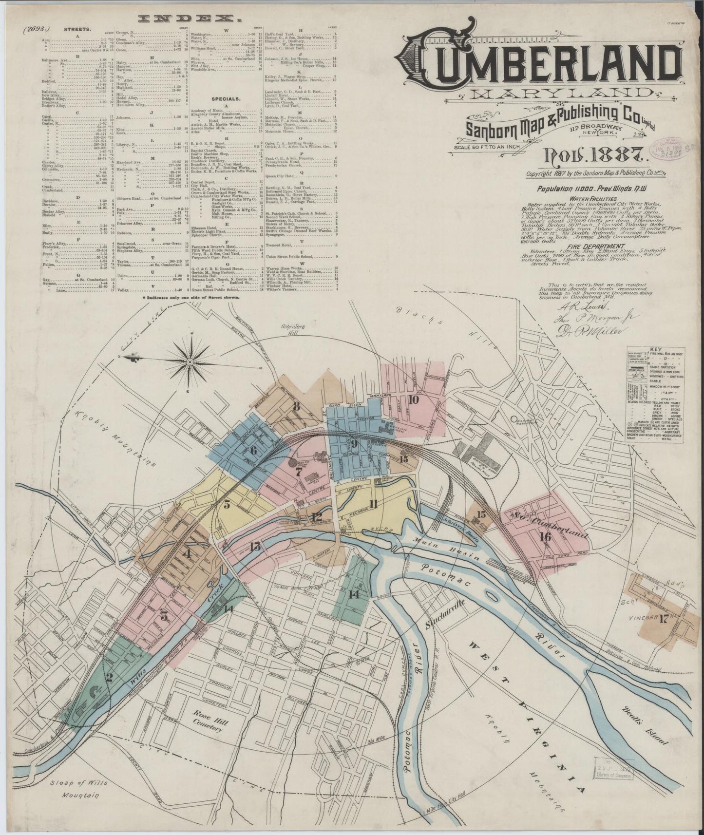 Sanborn Fire Insurance Map from Cumberland, Allegany County, Maryland (1887), Sheet #0001 - Historic Sanborn Fire Insurance Map Print, vintage old map wall art, antique decor, genealogy gift, Maryland Maryland map