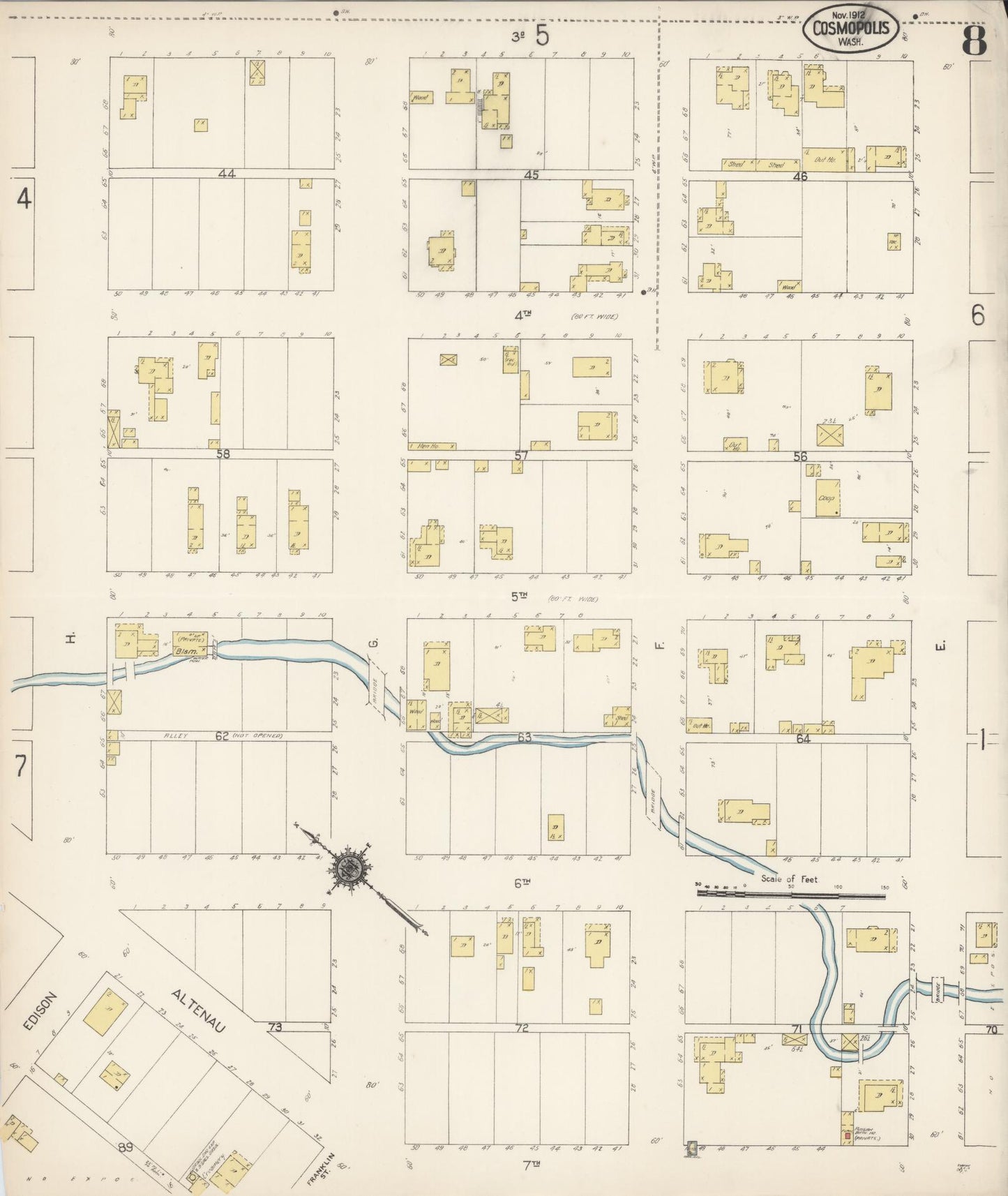 Sanborn Fire Insurance Map from Cosmopolis, Grays Harbor County, Washington (1912), Sheet #0008 - Complete Map Set gallery image, historic Sanborn map, vintage wall art, Washington Washington