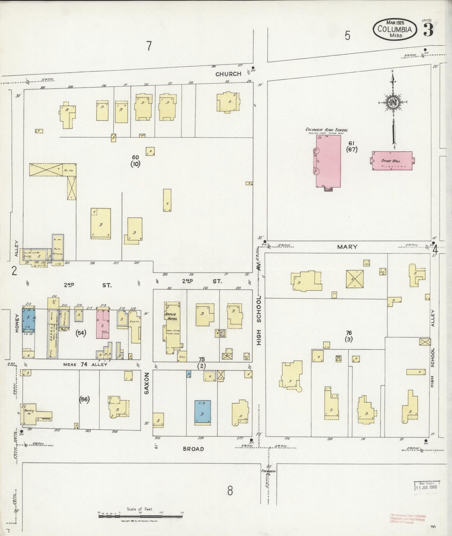 Sanborn Fire Insurance Map from Columbia, Marion County, Mississippi (1925), Sheet #0003 - Historic Sanborn Fire Insurance Map Print, vintage old map wall art, antique decor, genealogy gift, Mississippi Mississippi map