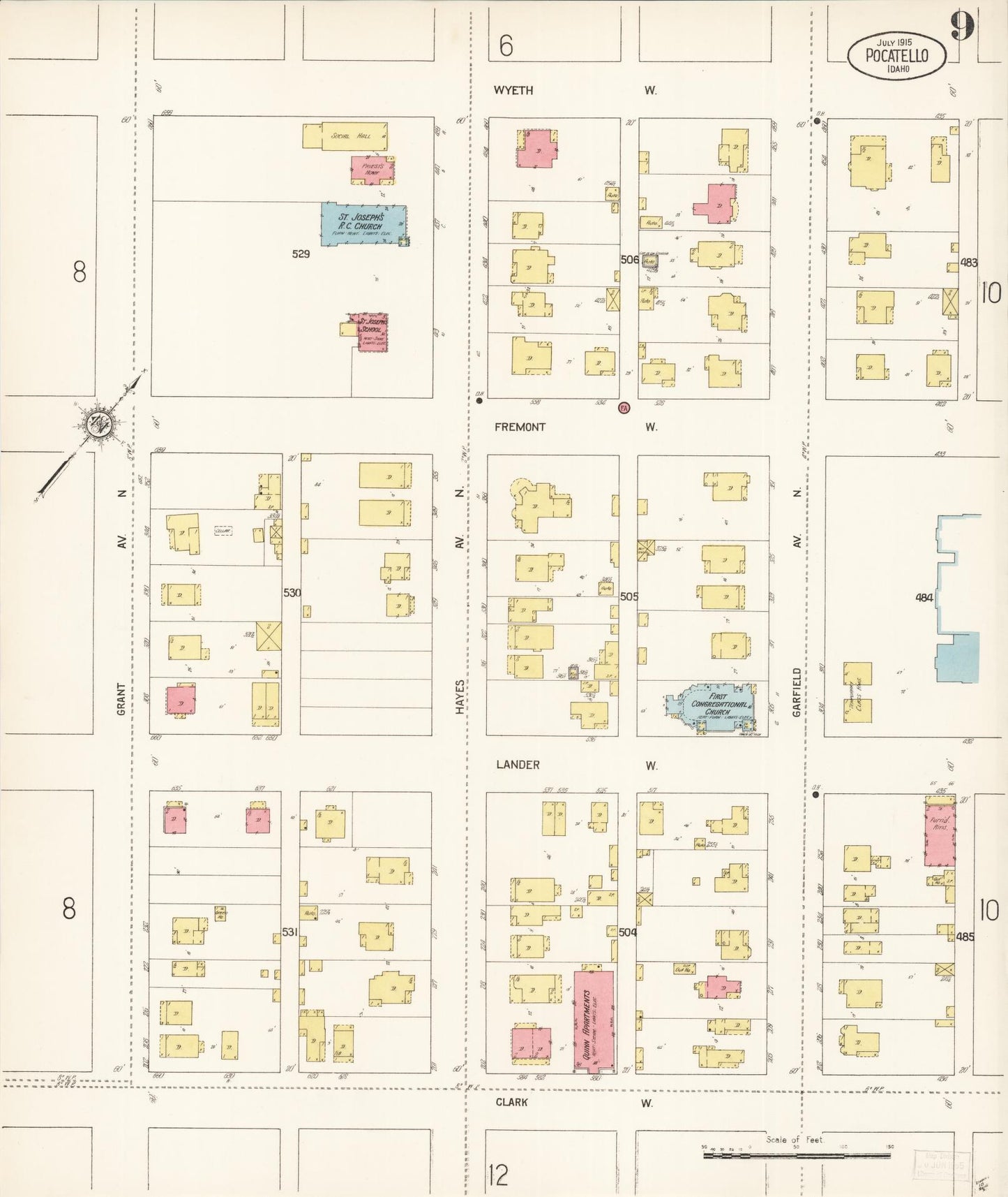 Sanborn Fire Insurance Map from Pocatello, Bannock County, Idaho (1915), Sheet #0009 - Historic Sanborn Fire Insurance Map Print, vintage old map wall art, antique decor, genealogy gift, Idaho Idaho map