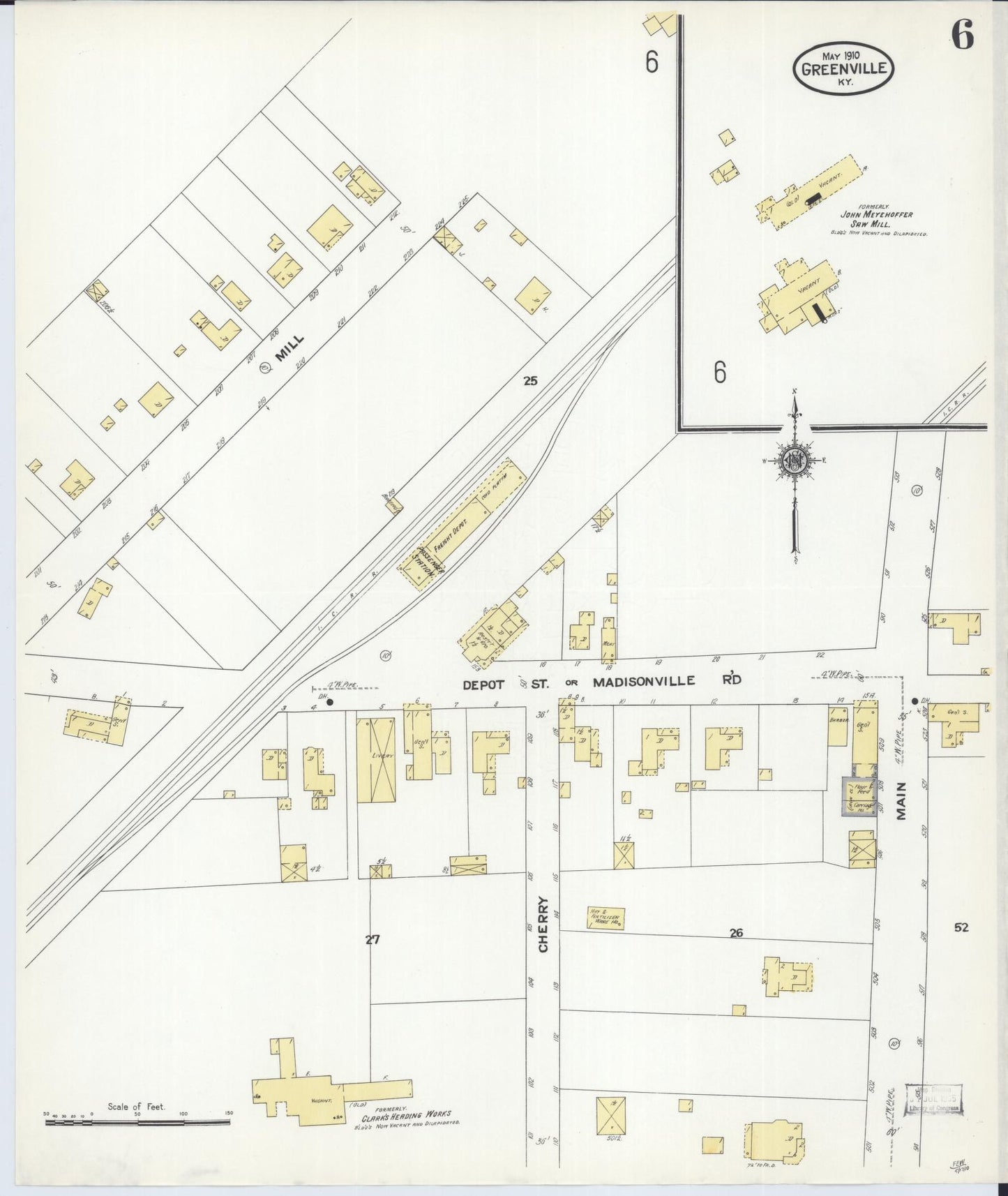 Sanborn Fire Insurance Map from Greenville, Muhlenberg County, Kentucky (1910), Sheet #0006 - Historic Sanborn Fire Insurance Map Print, vintage old map wall art, antique decor, genealogy gift, Kentucky Kentucky map