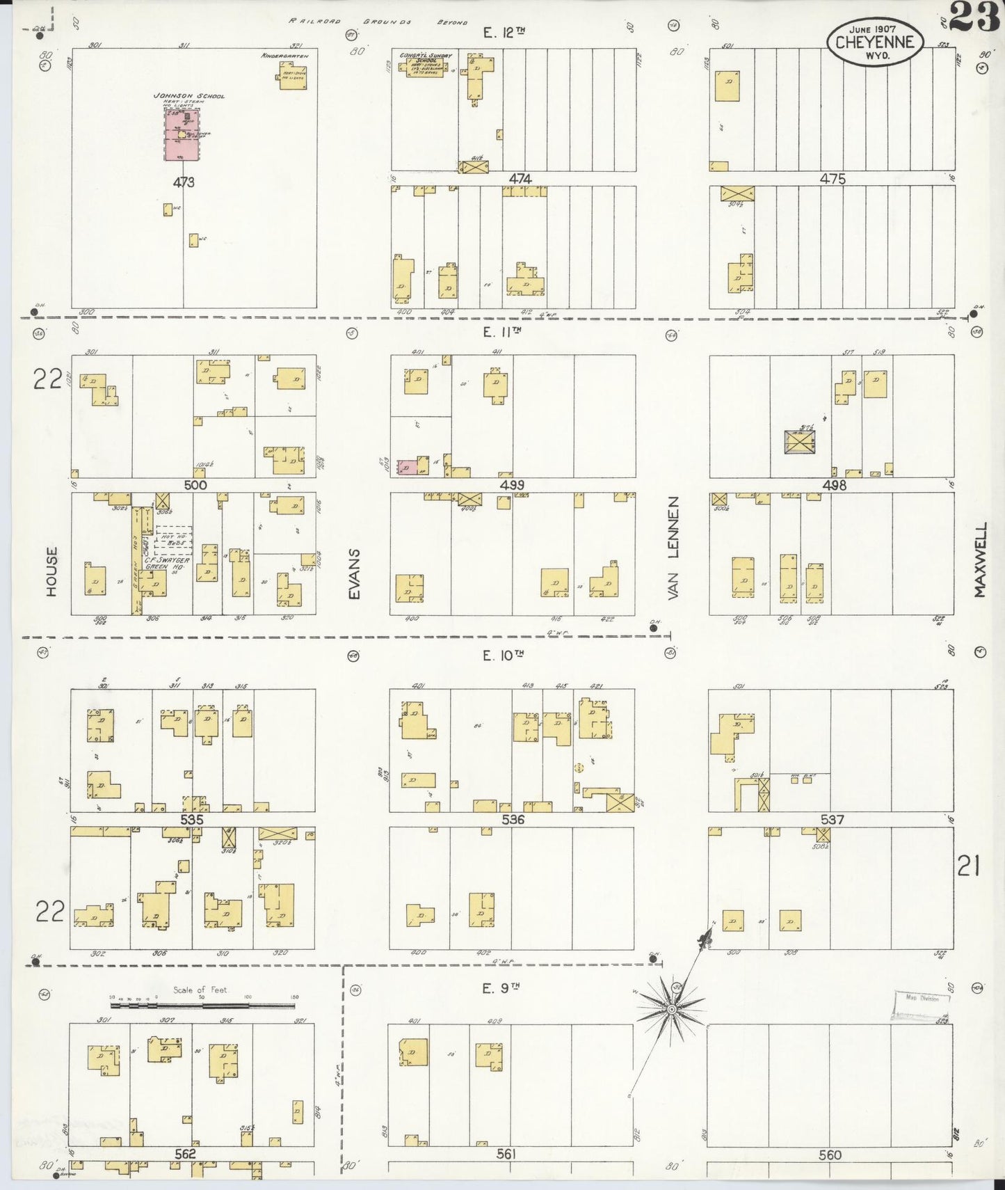 Sanborn Fire Insurance Map from Cheyenne, Laramie County, Wyoming (1907), Sheet #0023 - Complete Map Set gallery image, historic Sanborn map, vintage wall art, Wyoming Wyoming