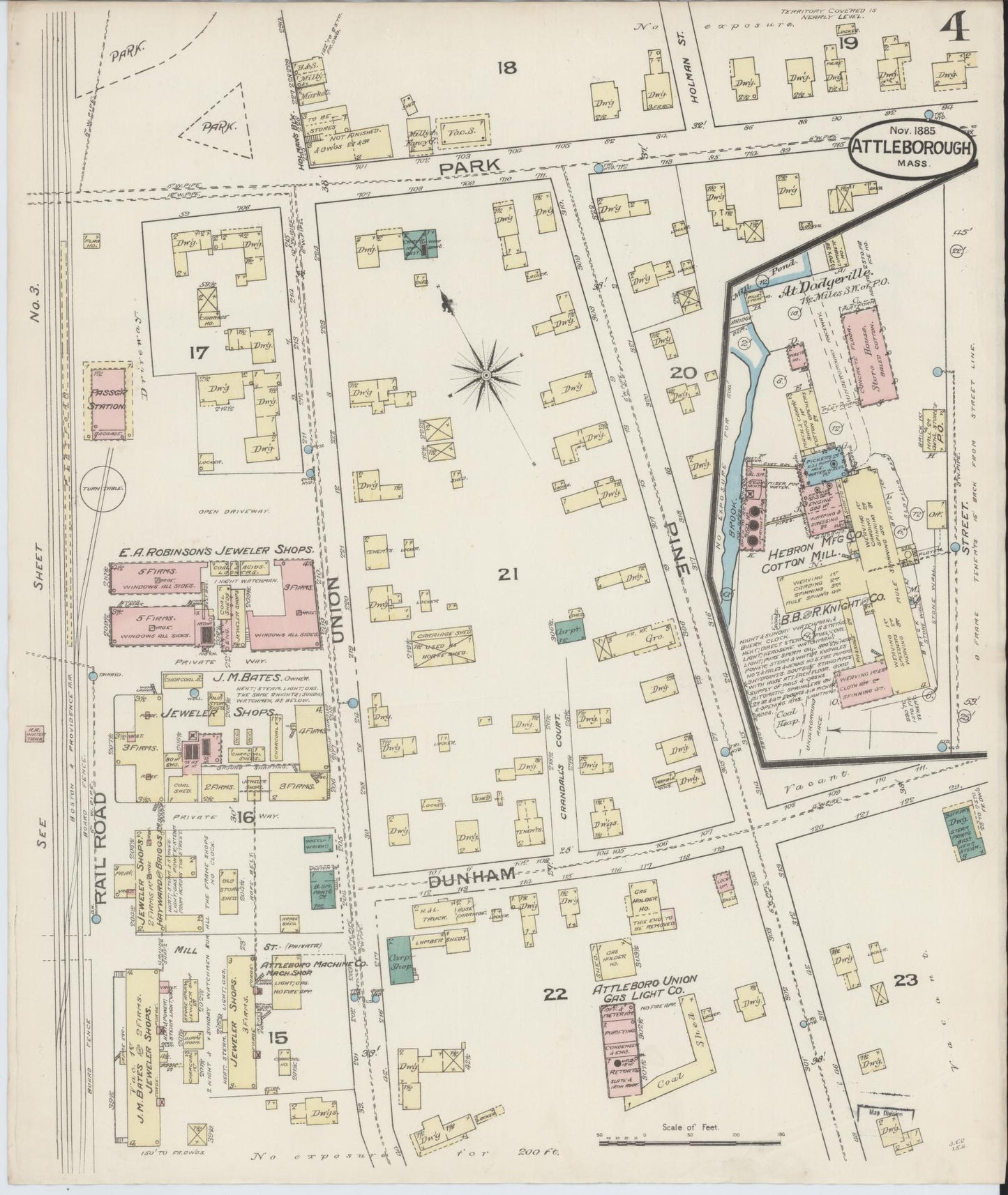 Sanborn Fire Insurance Map from Attleboro, Bristol County, Massachusetts (1885), Sheet #0004 - Historic Sanborn Fire Insurance Map Print, vintage old map wall art, antique decor, genealogy gift, Massachusetts Massachusetts map