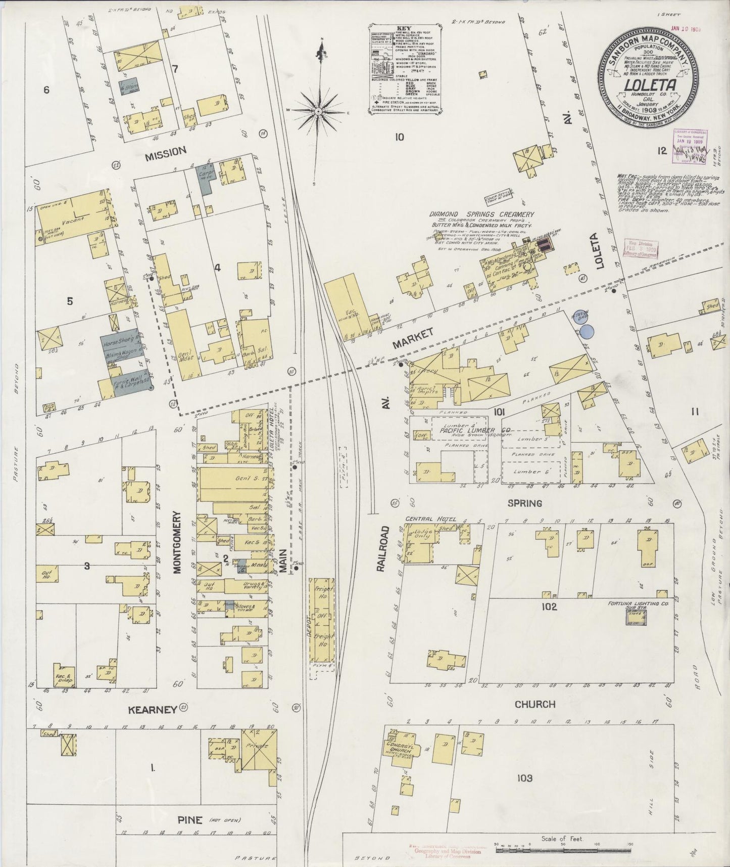 Sanborn Fire Insurance Map from Loleta, Humboldt County, California (1909), Sheet #0001 - Historic Sanborn Fire Insurance Map Print, vintage old map wall art, antique decor, genealogy gift, California California map