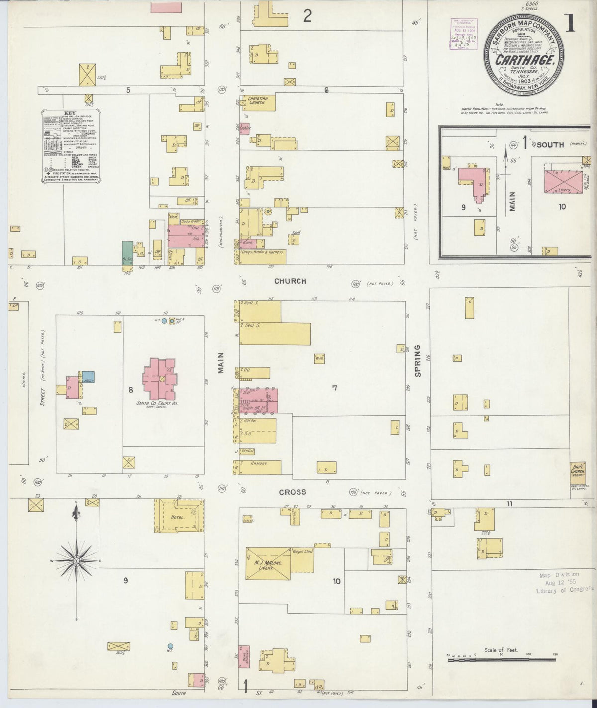 Sanborn Fire Insurance Map from Carthage, Smith County, Tennessee (1903), Sheet #0001 - Historic Sanborn Fire Insurance Map Print, vintage old map wall art, antique decor, genealogy gift, Tennessee Tennessee map