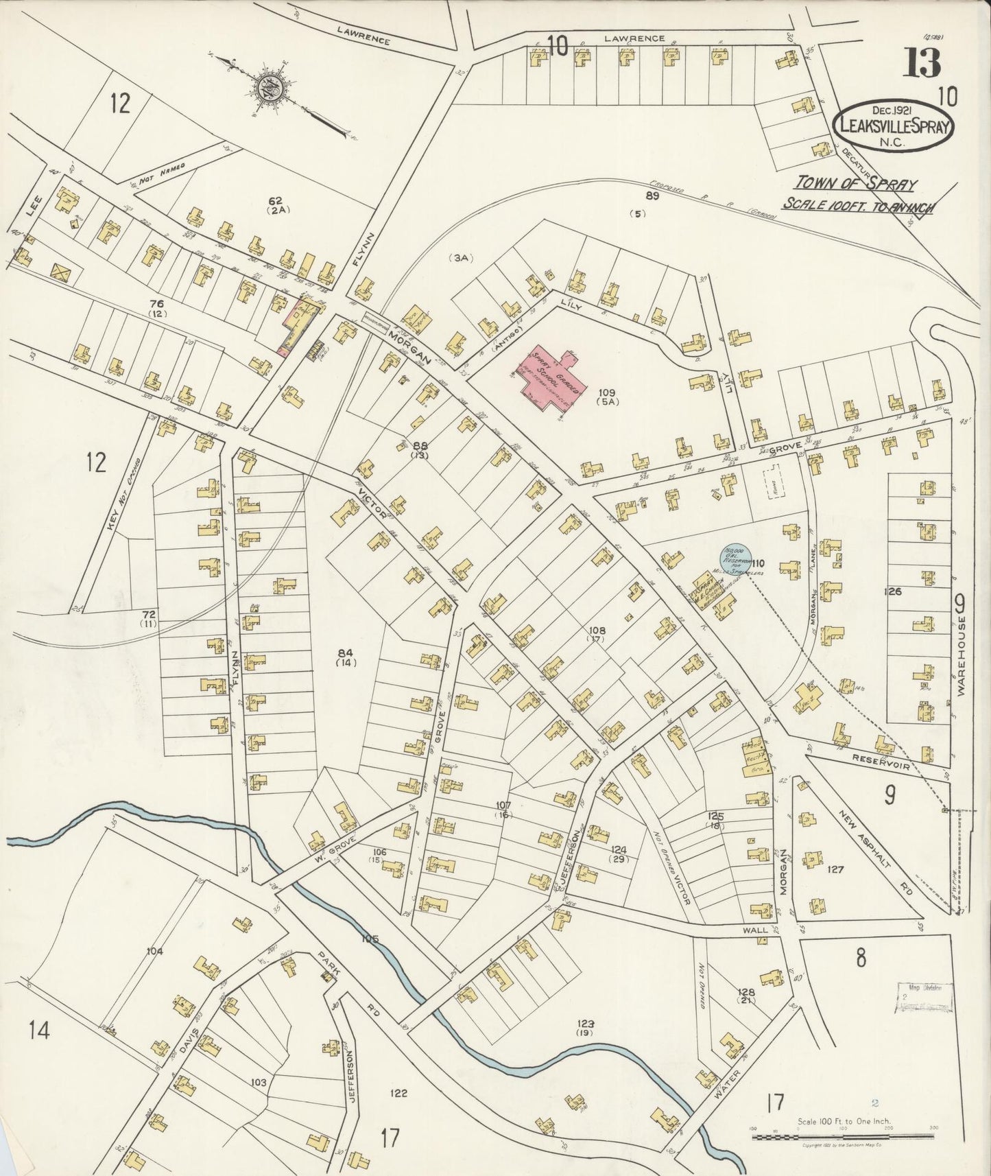 Sanborn Fire Insurance Map from Leaksville-spray, Rockingham County, North Carolina (1921), Sheet #0013 - Historic Sanborn Fire Insurance Map Print, vintage old map wall art, antique decor, genealogy gift, North Carolina North Carolina map