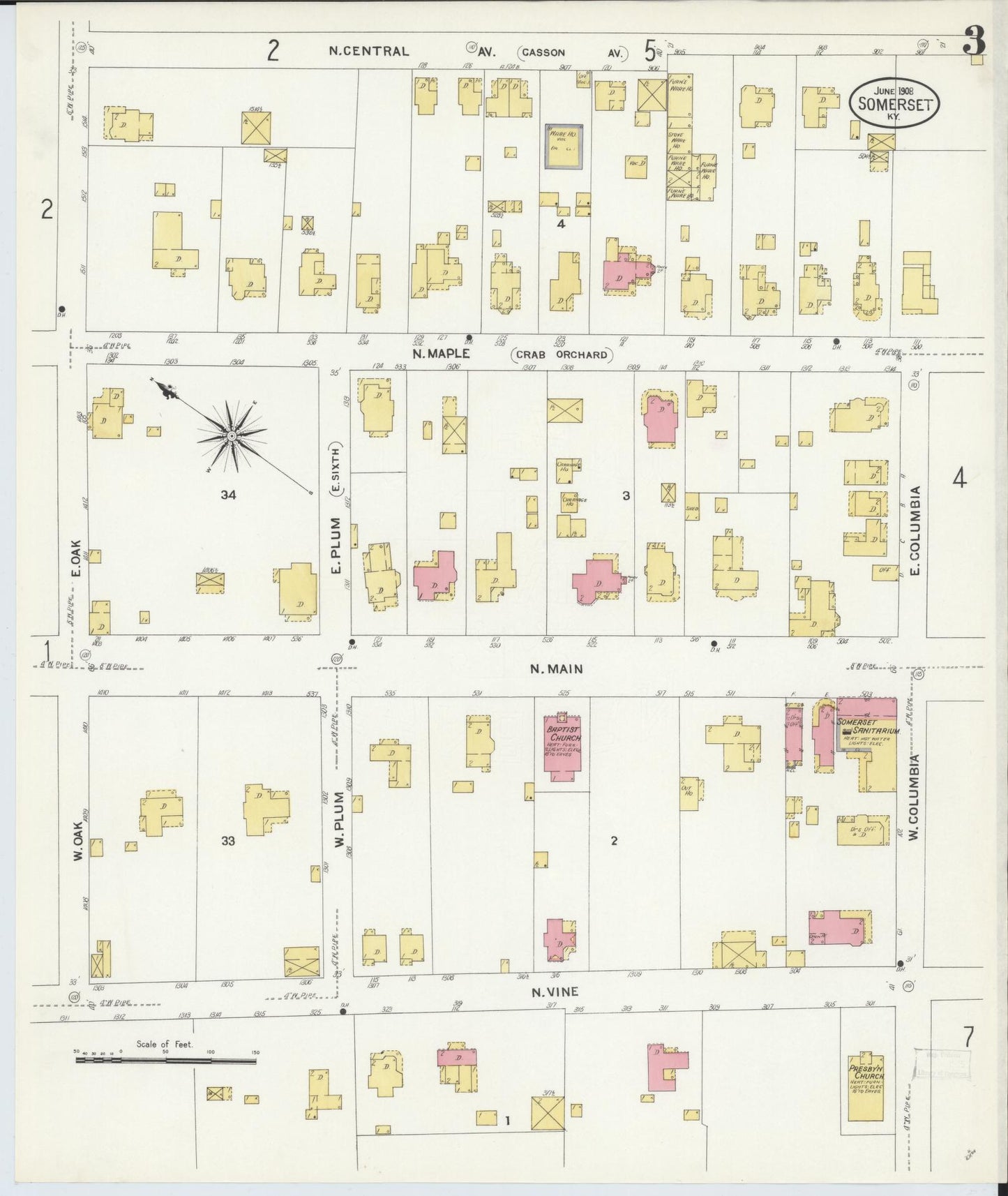 Sanborn Fire Insurance Map from Somerset, Pulaski County, Kentucky (1908), Sheet #0003 - Historic Sanborn Fire Insurance Map Print, vintage old map wall art, antique decor, genealogy gift, Kentucky Kentucky map