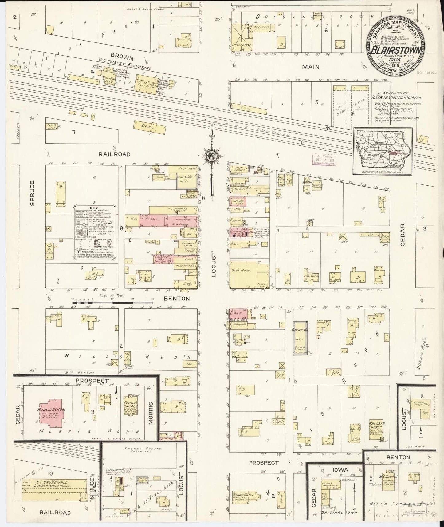 Sanborn Fire Insurance Map from Blairstown, Benton County, Iowa (1913), Sheet #0001 - Historic Sanborn Fire Insurance Map Print, vintage old map wall art