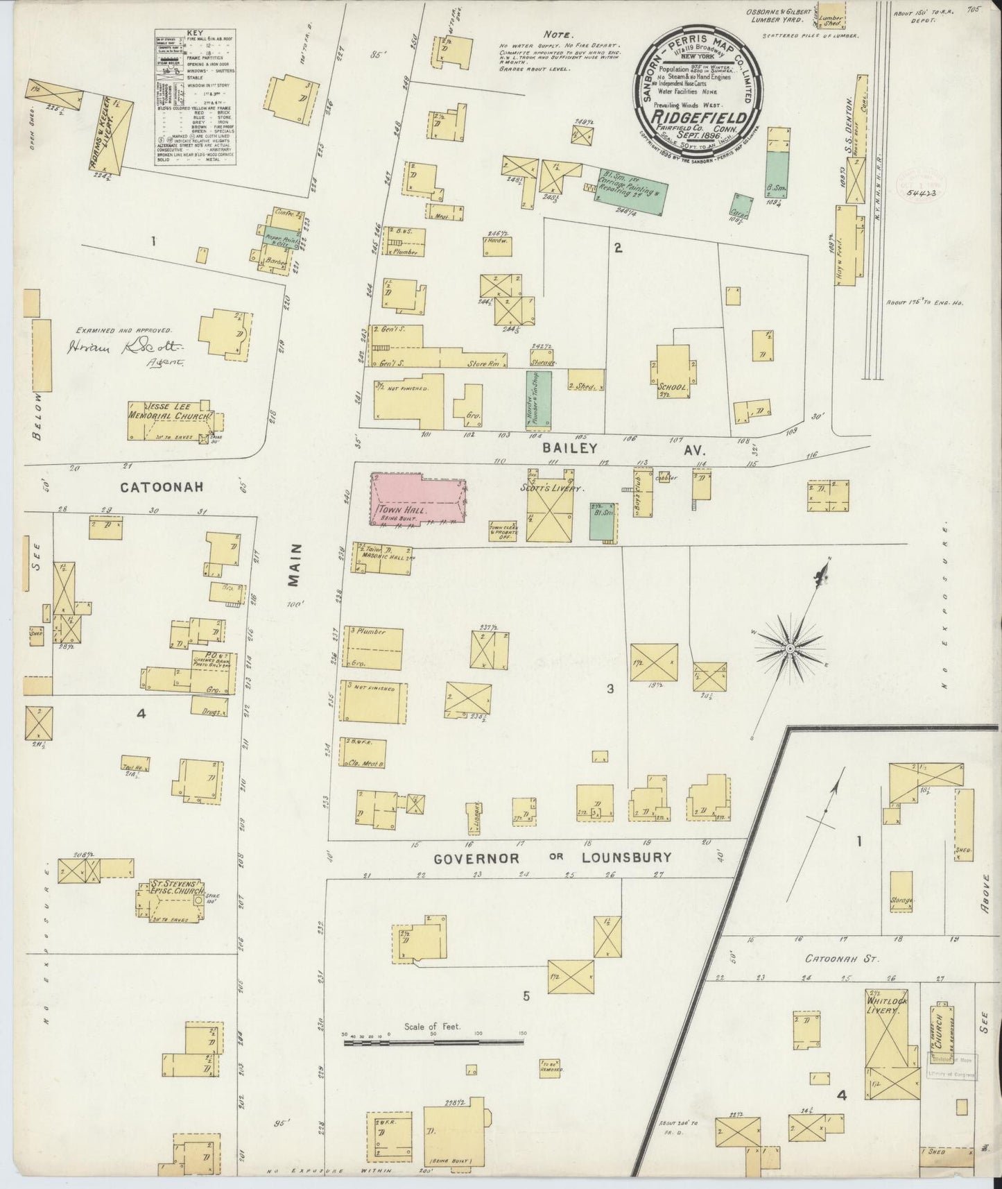 Sanborn Fire Insurance Map from Ridgefield, Fairfield County, Connecticut (1896), Sheet #0001 - Historic Sanborn Fire Insurance Map Print, vintage old map wall art, antique decor, genealogy gift, Connecticut Connecticut map