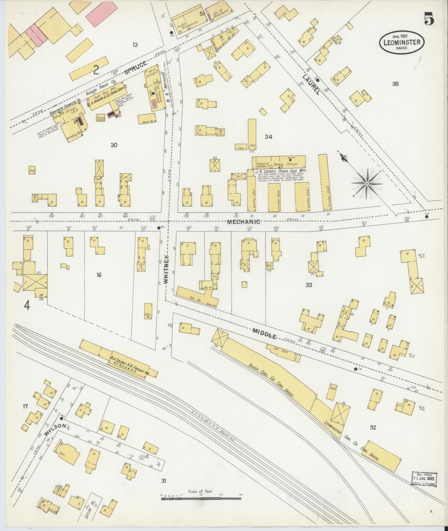 Sanborn Fire Insurance Map from Leominster, Worcester County, Massachusetts (1901), Sheet #0005 - Historic Sanborn Fire Insurance Map Print, vintage old map wall art, antique decor, genealogy gift, Massachusetts Massachusetts map