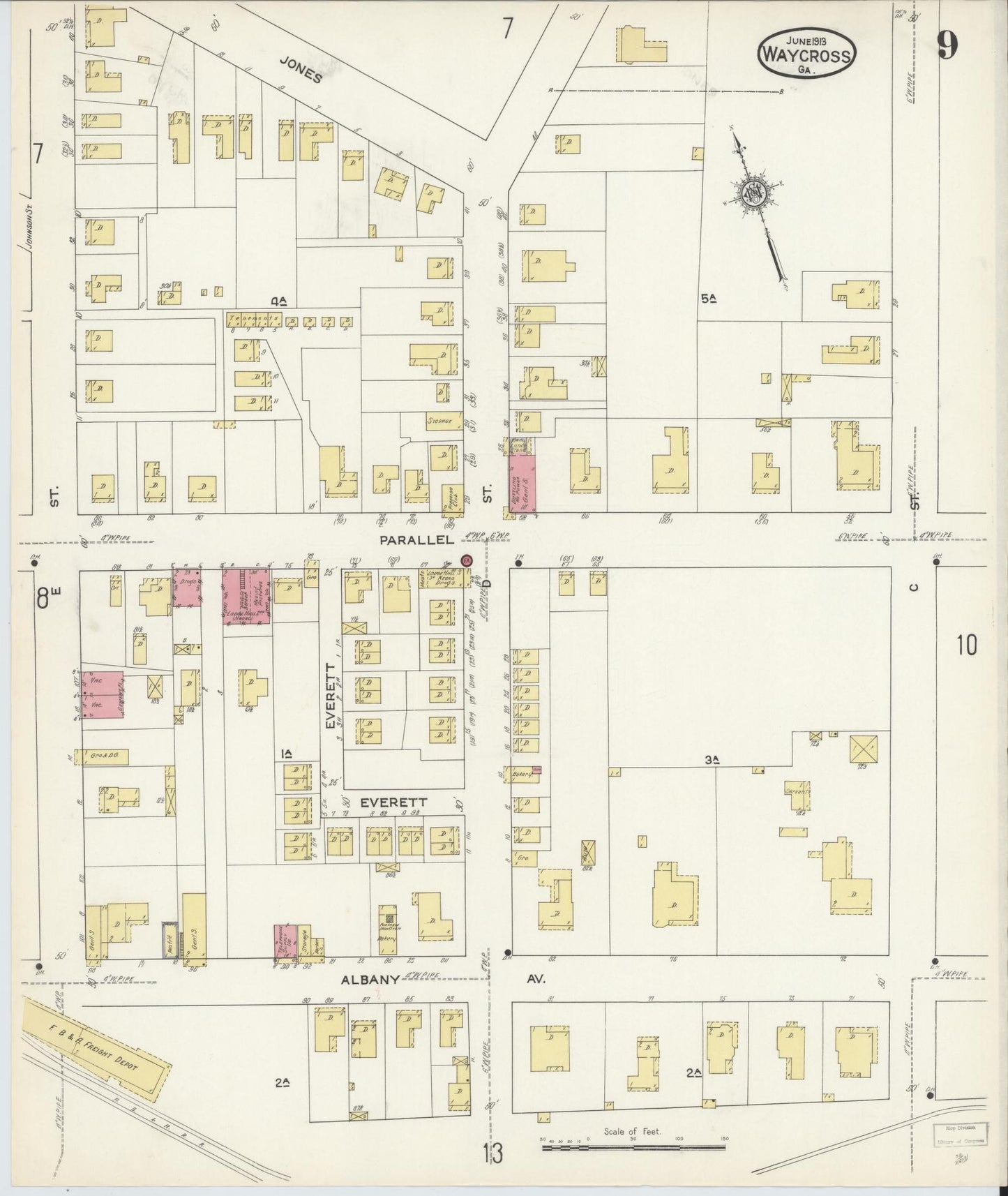 Sanborn Fire Insurance Map from Waycross, Ware County, Georgia (1913), Sheet #0009 - Historic Sanborn Fire Insurance Map Print, vintage old map wall art, antique decor, genealogy gift, Georgia Georgia map