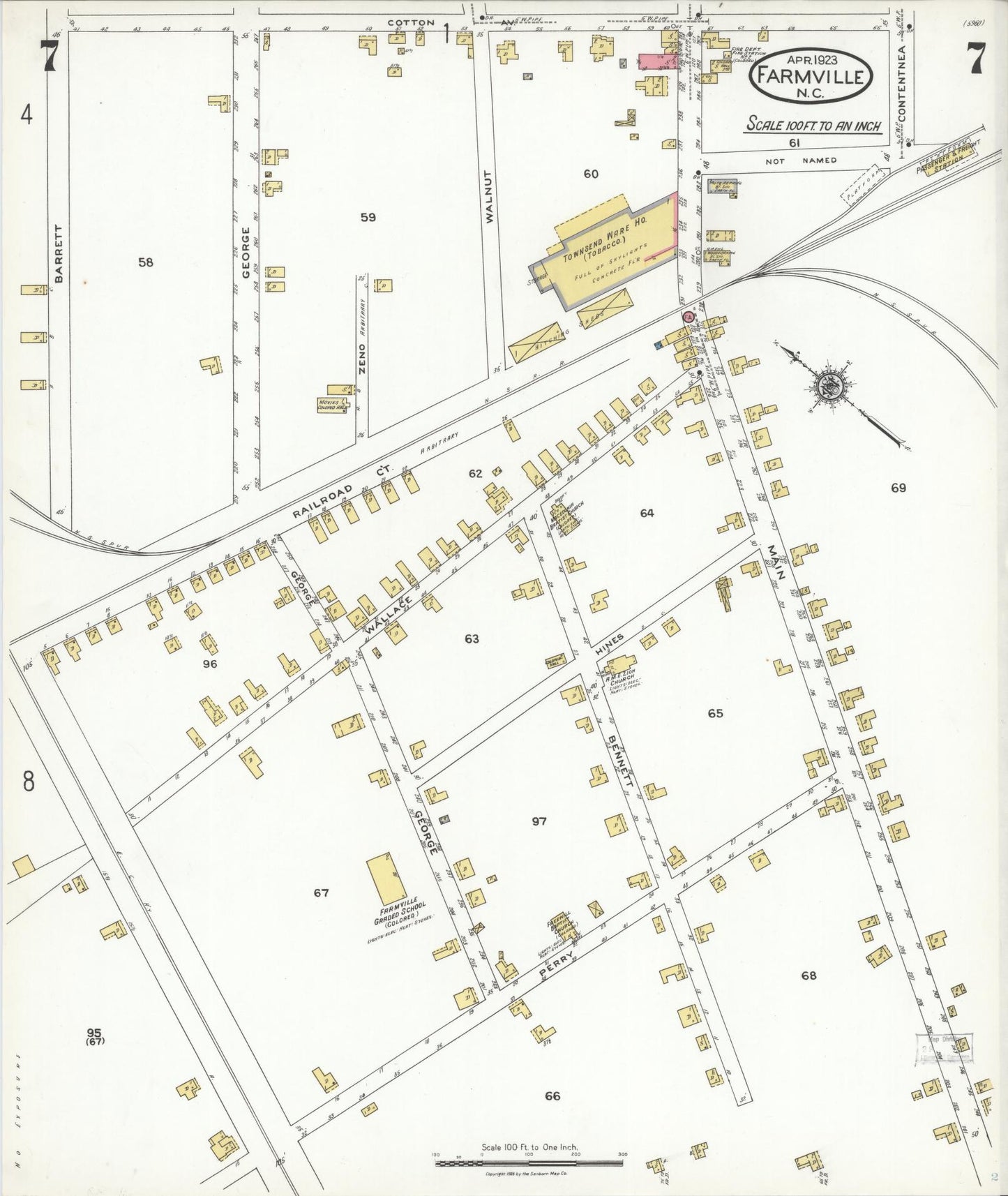 Sanborn Fire Insurance Map from Farmville, Pitt County, North Carolina (1923), Sheet #0007 - Historic Sanborn Fire Insurance Map Print, vintage old map wall art, antique decor, genealogy gift, North Carolina North Carolina map